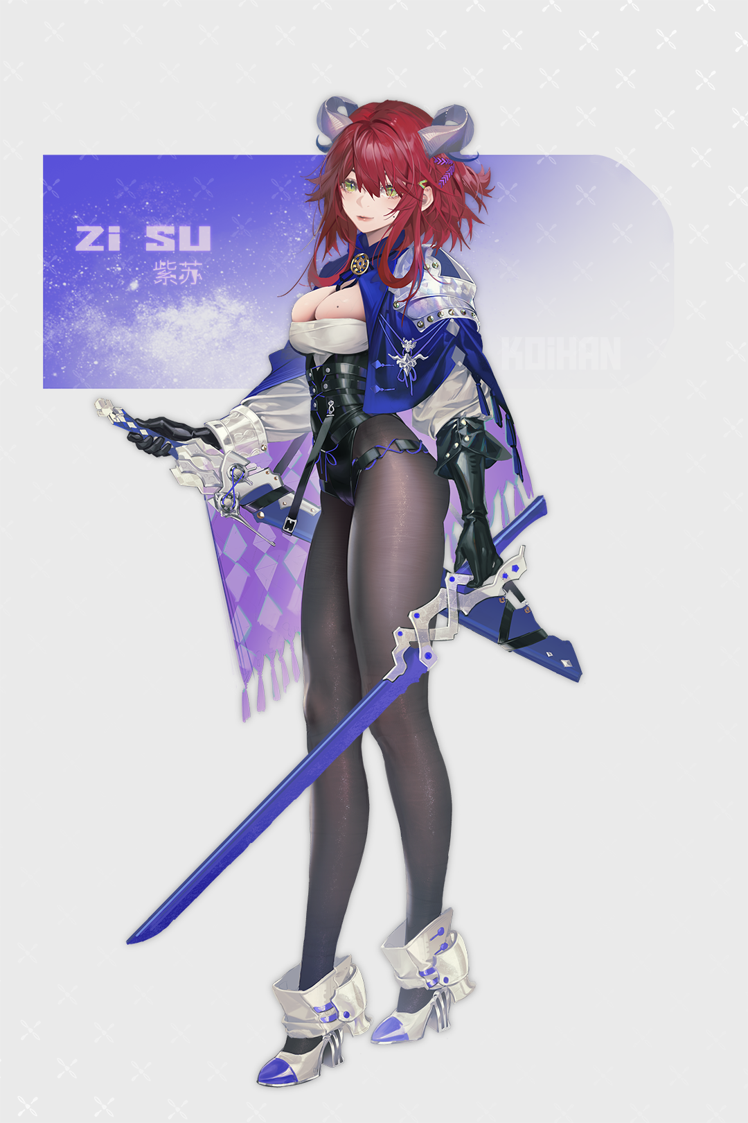 koi han, original, commentary request, highres, 1girl, black gloves, black leotard, blue cloak, boots, breasts, brown pantyhose, cleavage, cloak, closed mouth, fringe trim, full body, gloves, green eyes, grey background, hair between eyes, high heel boots, high heels, holding, holding sword, holding weapon, horns, leotard, long hair, long sleeves, looking at viewer, medium breasts, pantyhose, puffy long sleeves, puffy sleeves, red hair, sheath, sheathed, shirt, solo, standing, sword, weapon, white boots, white shirt