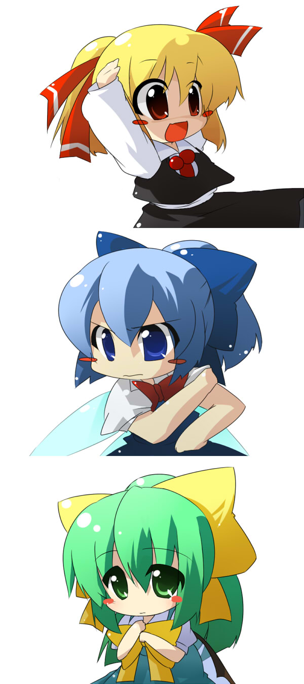 oka (bananashoe), cirno, daiyousei, rumia, embodiment of scarlet devil, touhou, highres, 3girls, blonde hair, blue eyes, blue hair, bow, chibi, female focus, green eyes, green hair, multiple girls, red eyes, team 9 (touhou)