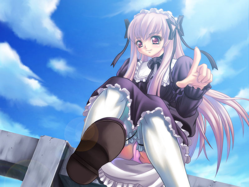 fujirin, character request, source request, dress, long hair, maid, panties, pink eyes, pink hair, pointing, ribbon, solo, thighhighs, underwear