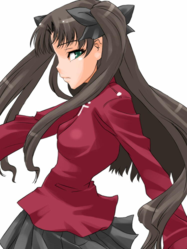 shinama, tohsaka rin, fate/stay night, fate (series), 00s, 1girl, black skirt, blue eyes, brown hair, cowboy shot, female focus, long hair, long sleeves, looking at viewer, pleated skirt, sidelocks, simple background, skirt, solo, sweater, twintails, two side up, very long hair, white background