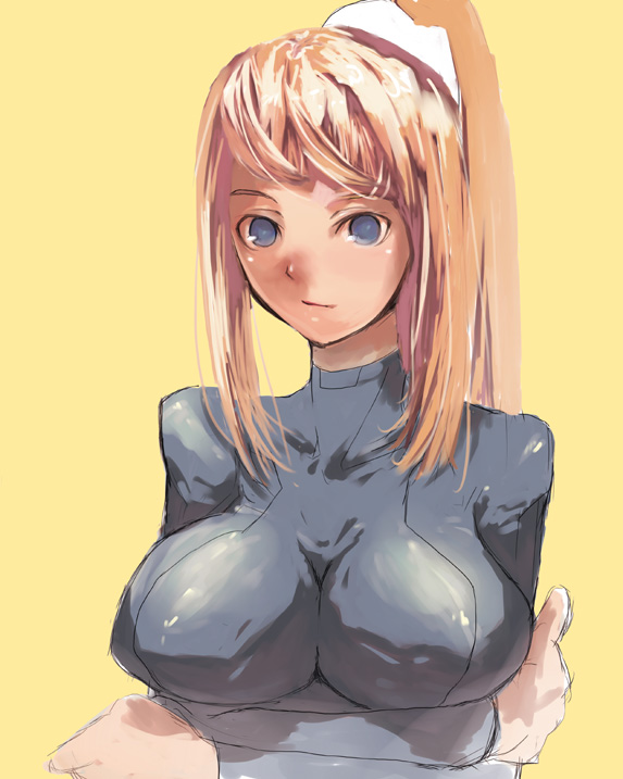 waa, samus aran, metroid, nintendo, bad id, bad pixiv id, 1girl, arm under breasts, blonde hair, blue eyes, bodysuit, breasts, breasts squeezed together, female focus, large breasts, ponytail, shiny clothes, skin tight, solo, zero suit