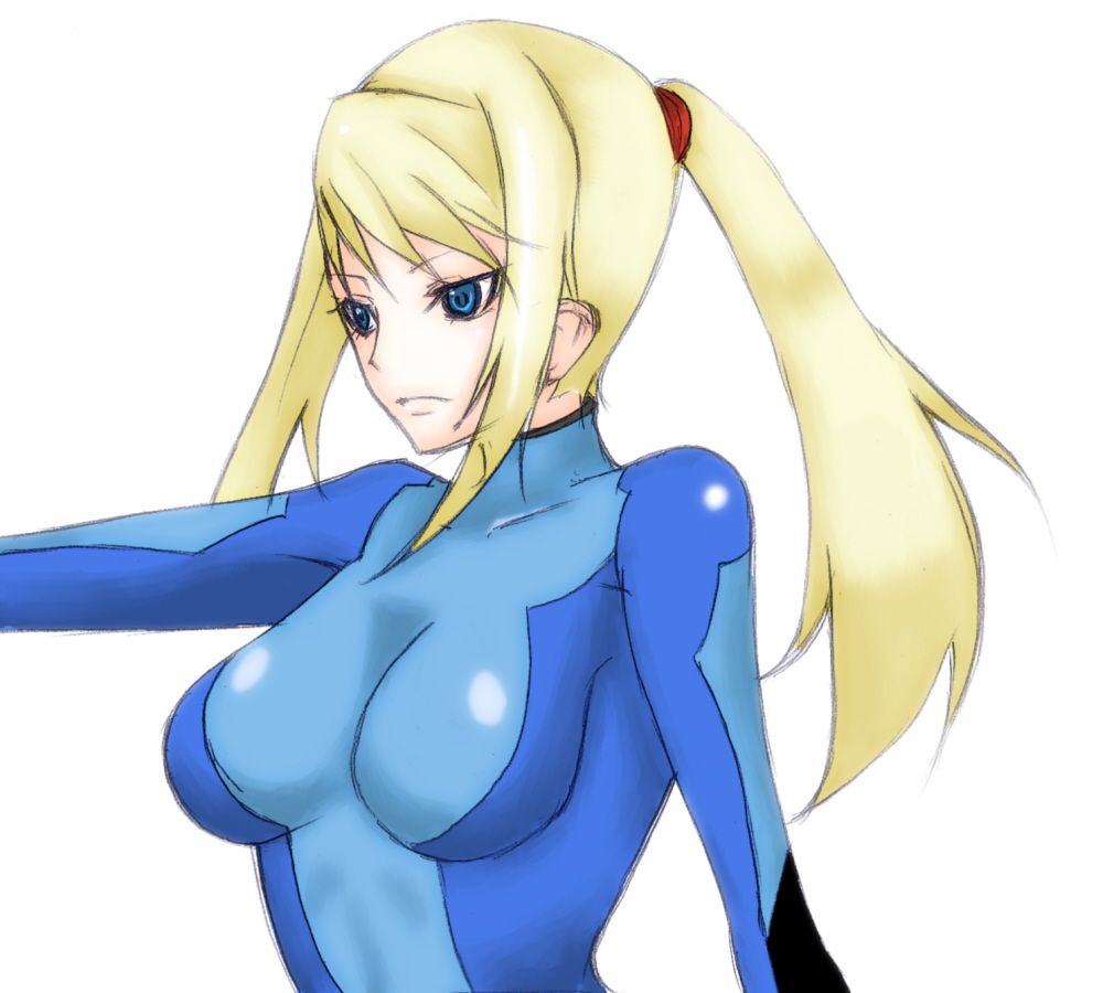 hanshi (reposeful), samus aran, metroid, nintendo, 1girl, blonde hair, blue eyes, bodysuit, female focus, ponytail, shiny clothes, simple background, skin tight, solo, upper body, white background, zero suit