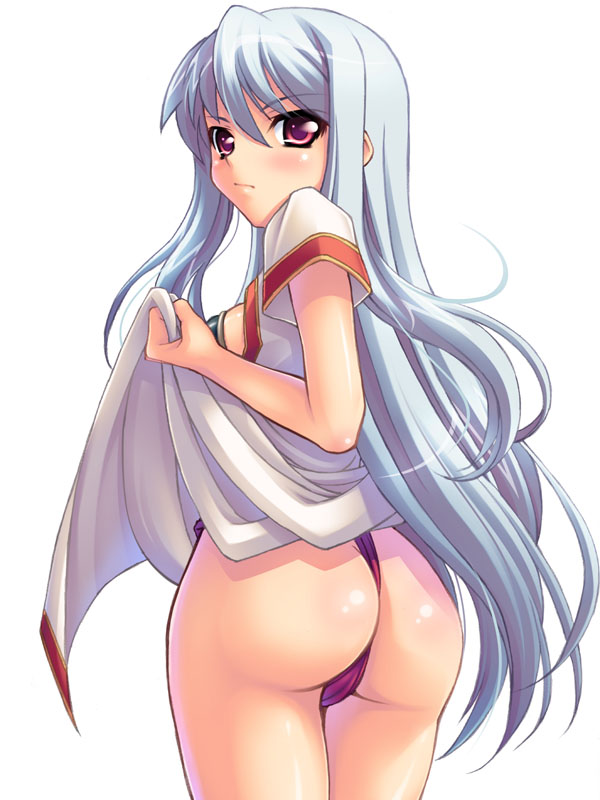 fujirin, monk (ragnarok online), ragnarok online, ass, blue hair, clothes lift, dress, dress lift, long hair, monk, red eyes, solo