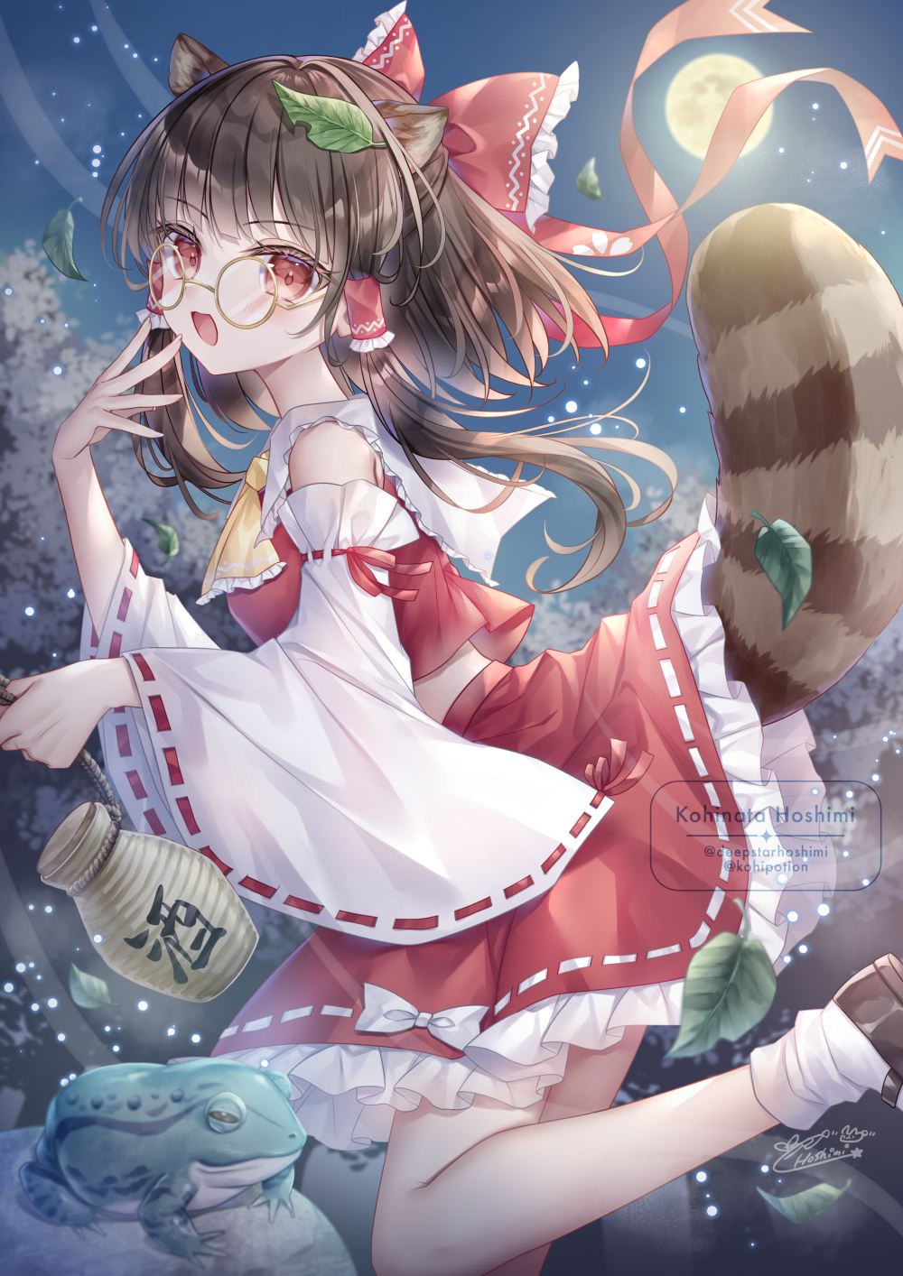 kohinata hoshimi, futatsuiwa mamizou, hakurei reimu, touhou, commentary request, highres, 1girl, :d, animal, animal ears, bow, brown-framed eyewear, brown hair, cosplay, detached sleeves, frilled bow, frilled skirt, frills, frog, from side, full moon, glasses, hair bow, hair tubes, hakurei reimu (cosplay), leaf, leaf on head, long hair, long sleeves, looking at viewer, looking to the side, moon, night, night sky, open mouth, outdoors, raccoon ears, raccoon girl, raccoon tail, red bow, red eyes, red shirt, red skirt, ribbon-trimmed skirt, ribbon-trimmed sleeves, ribbon trim, round eyewear, shirt, sidelocks, signature, skirt, sky, sleeveless, sleeveless shirt, smile, solo, striped tail, tail, watermark, white sleeves, wide sleeves