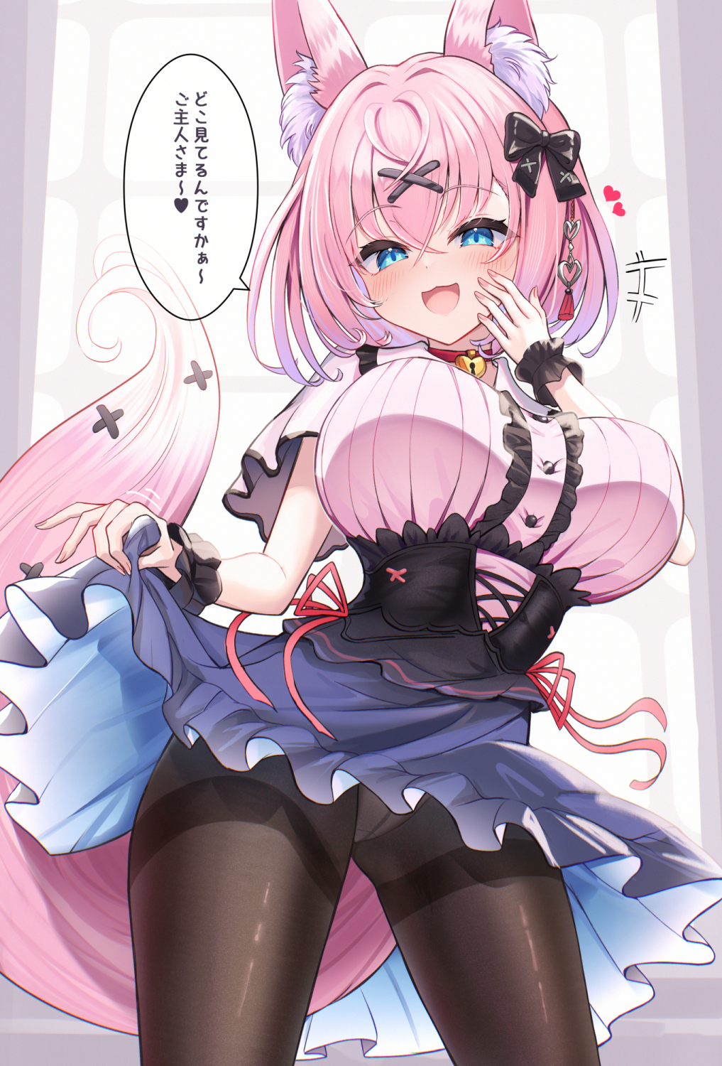 sakura ani, original, commentary request, highres, translation request, +++, 1girl, :d, animal ear fluff, animal ears, black bow, blue eyes, blue skirt, blush, bow, breasts, brown pantyhose, center frills, clothes lift, fox ears, fox girl, fox tail, frilled skirt, frills, gradient hair, hair between eyes, hair bow, hair ornament, hairclip, hand up, heart, large breasts, lifting own clothes, multicolored hair, open mouth, panties, panties under pantyhose, pantyhose, pink hair, purple hair, shirt, short sleeves, skirt, skirt lift, smile, solo, standing, tail, thighband pantyhose, underbust, underwear, white panties, white shirt, x hair ornament