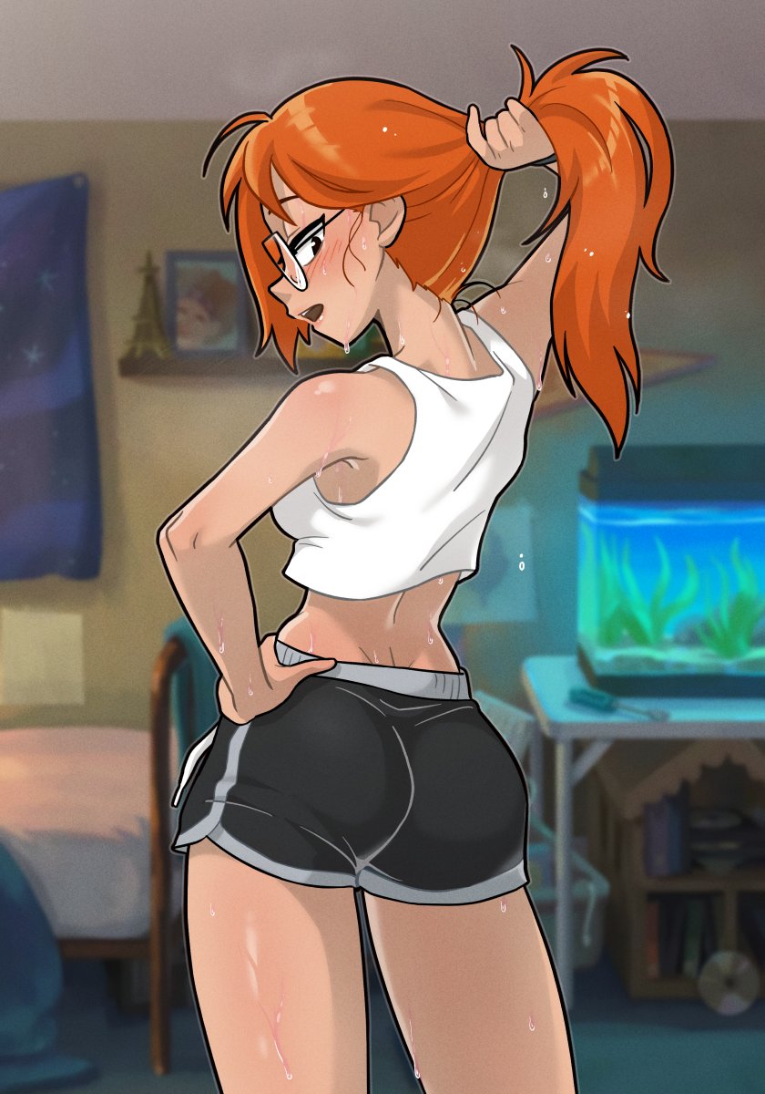 ta-na (tana351), tulip olsen, infinity train, highres, ass, blush, breasts, crop top, fishbowl, from behind, glasses, long hair, medium breasts, open mouth, orange hair, shorts, solo, sweat, thighs