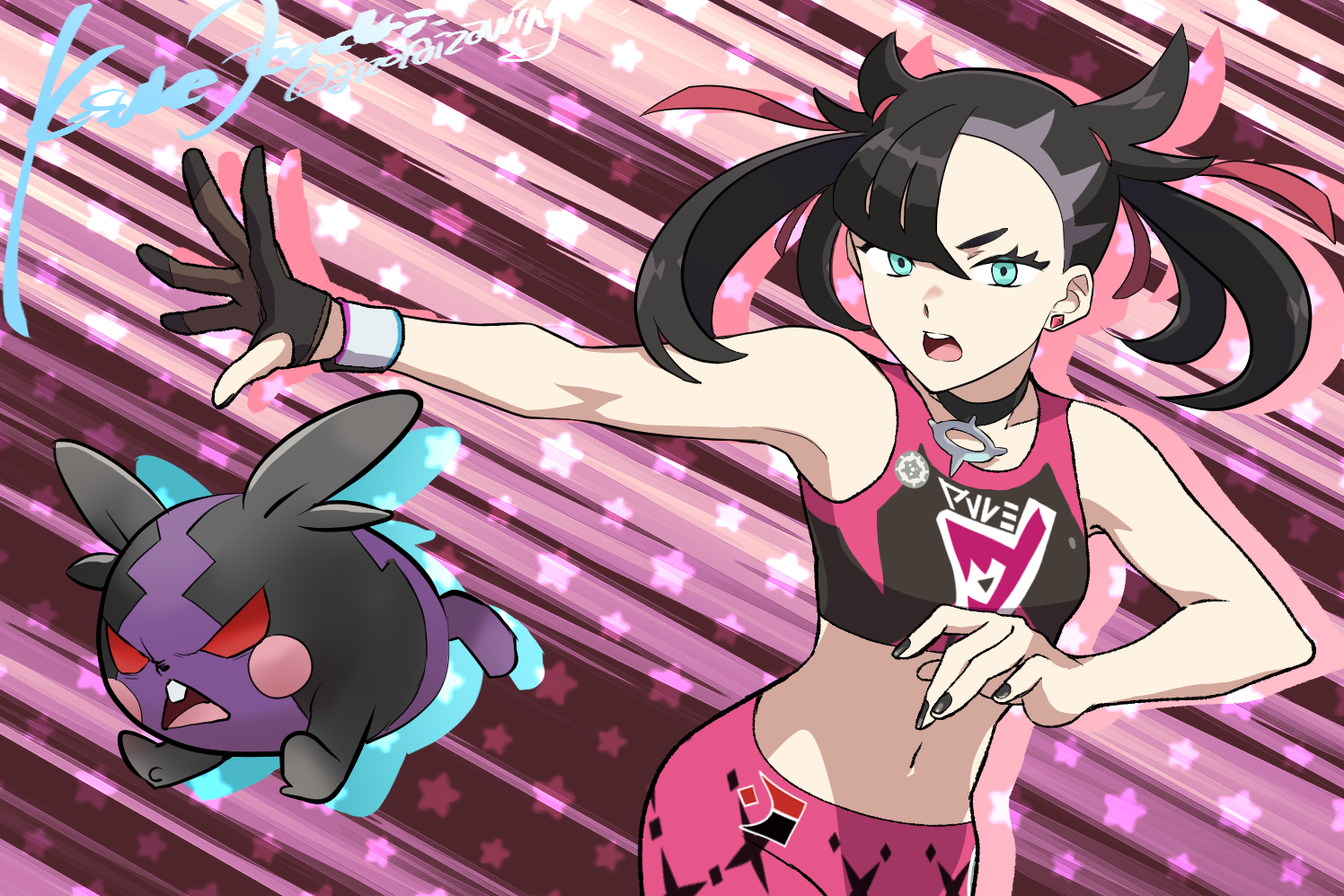 otona kasuke, marnie (pokemon), morpeko, morpeko (hangry), nintendo, pokemon, pokemon swsh, 1girl, arm up, asymmetrical bangs, black choker, black hair, black nails, black sports bra, breasts, choker, dynamax band, earrings, gen 8 pokemon, gloves, green eyes, hair ribbon, hand up, jewelry, looking to the side, midriff, navel, official alternate costume, open hand, open mouth, outstretched arms, pants, purple pants, red ribbon, ribbon, signature, single earring, single glove, small breasts, sports bra, star (symbol), star symbol background, stomach, twintails, undercut, upper body, v-shaped eyebrows