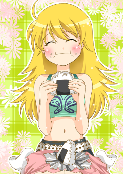 itsuki sayaka, hoshii miki, idolmaster, idolmaster (classic), idolmaster 1, 00s, 1girl, ahoge, blonde hair, blush, closed eyes, eating, female focus, food, food on face, happy, kneeling, long hair, midriff, onigiri, rice, rice on face, solo