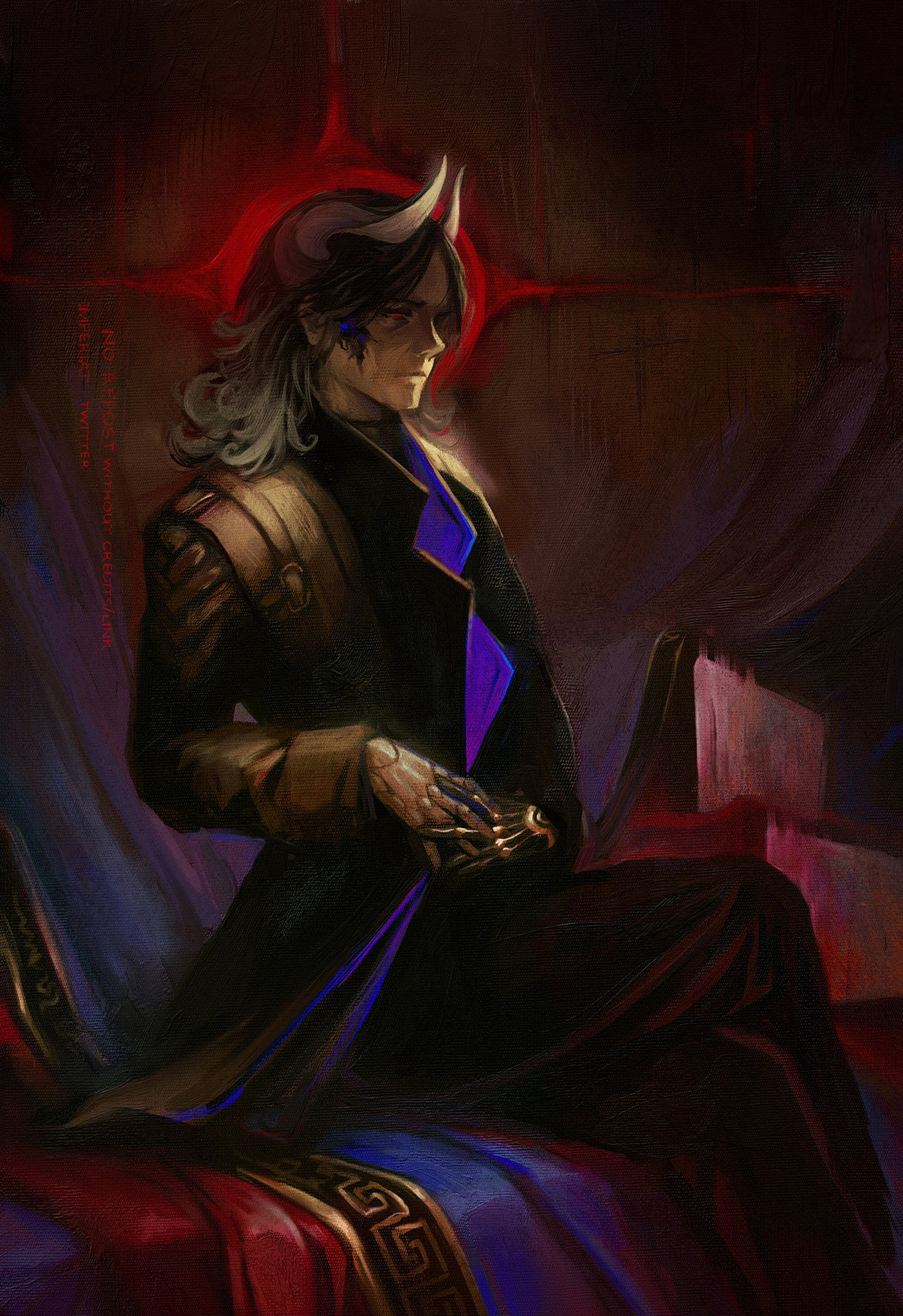 i imperiat, honkai: star rail, honkai (series), commentary, english commentary, highres, 1boy, black coat, black pants, closed mouth, coat, crossed legs, design speculation, feet out of frame, grey hair, horns, long hair, long sleeves, male focus, mechanical hands, own hands together, pants, red eyes, sitting, solo, zandar one kuwabara