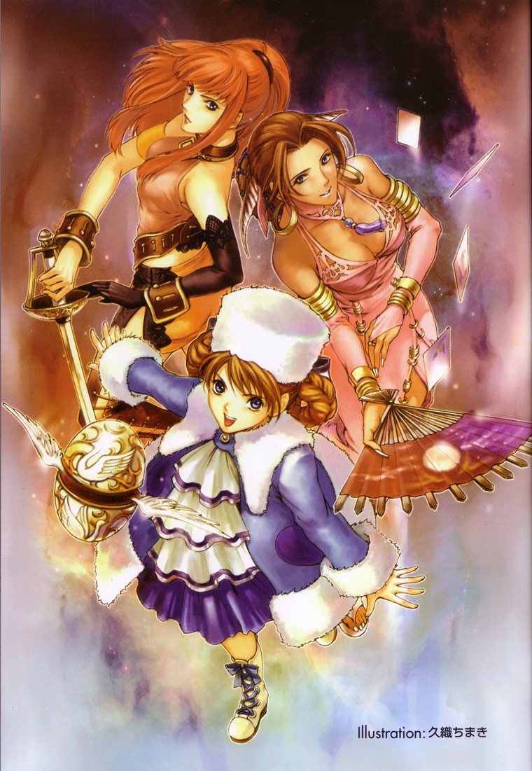 kuori chimaki, anastasia (shadow hearts), karin koenig, lucia (shadow hearts), shadow hearts, shadow hearts ii, >:d, 3girls, :d, brown hair, folding fan, hand fan, long hair, multiple girls, open mouth, purple eyes, short hair, signature, smile, sword, v-shaped eyebrows, weapon