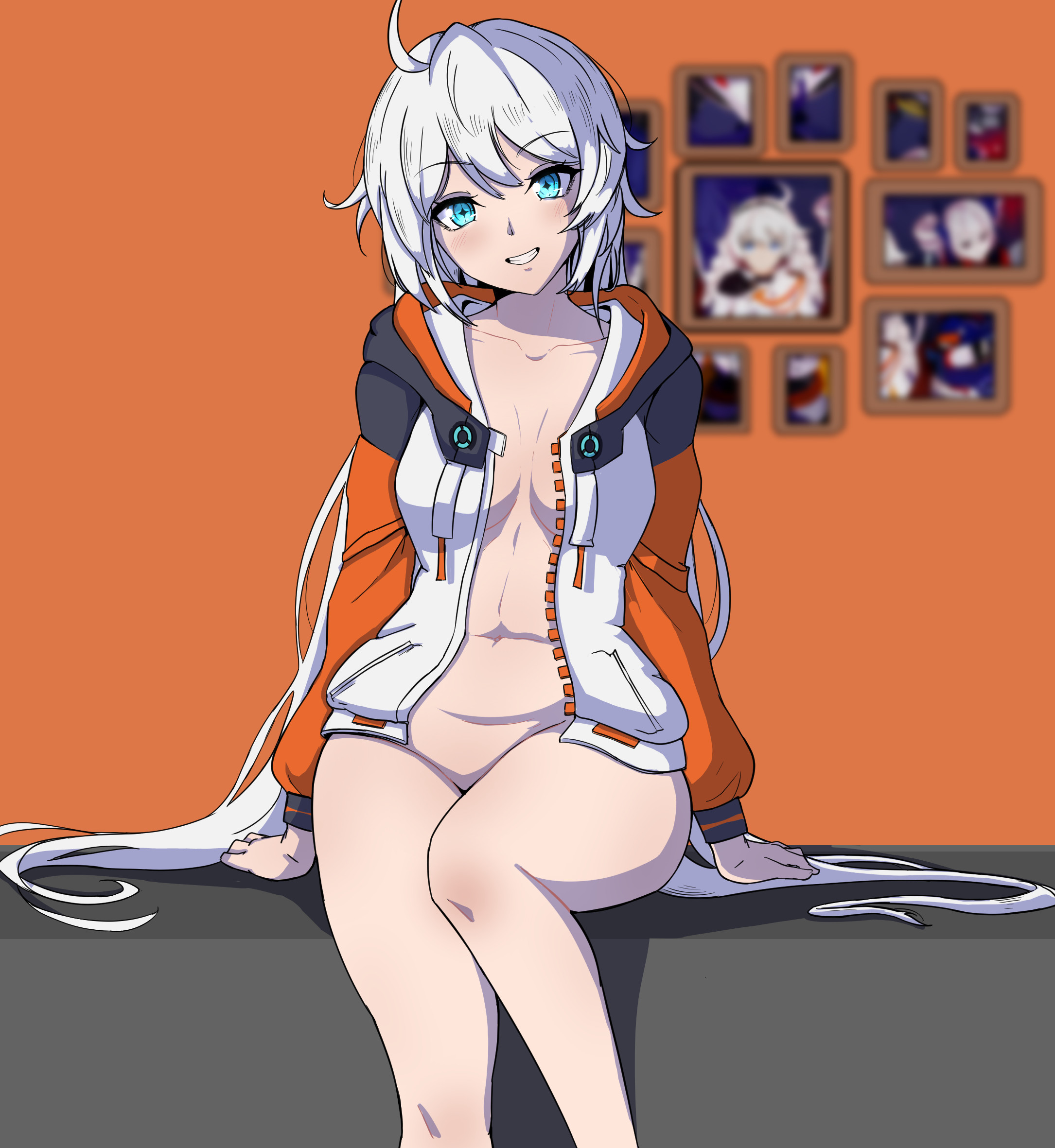qoqo, kiana kaslana, kiana kaslana (white comet), honkai (series), honkai impact 3rd, highres, ahoge, blue eyes, blurry, blurry background, bottomless, breasts, jacket, long hair, looking at viewer, medium breasts, navel, open clothes, open jacket, partially undressed, portrait (object), sitting, smile, stomach, thighs, very long hair, white hair, white jacket