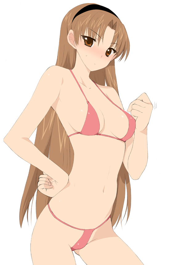 kusaka souji, amatsuka hikaru, baby princess, 10s, 1girl, bikini, breasts, brown hair, female focus, hairband, hand on own hip, hip focus, long hair, micro bikini, orange eyes, red bikini, red eyes, simple background, solo, swimsuit