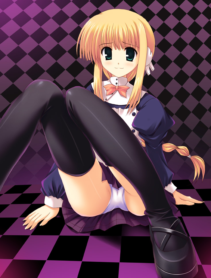 rakkyo, yuumin, silfa (to heart), to heart (series), to heart 2, to heart 2 ad, black footwear, 00s, ass, black thighhighs, blonde hair, braid, braided ponytail, green eyes, long hair, panties, robot ears, single braid, skirt, solo, thighhighs, underwear