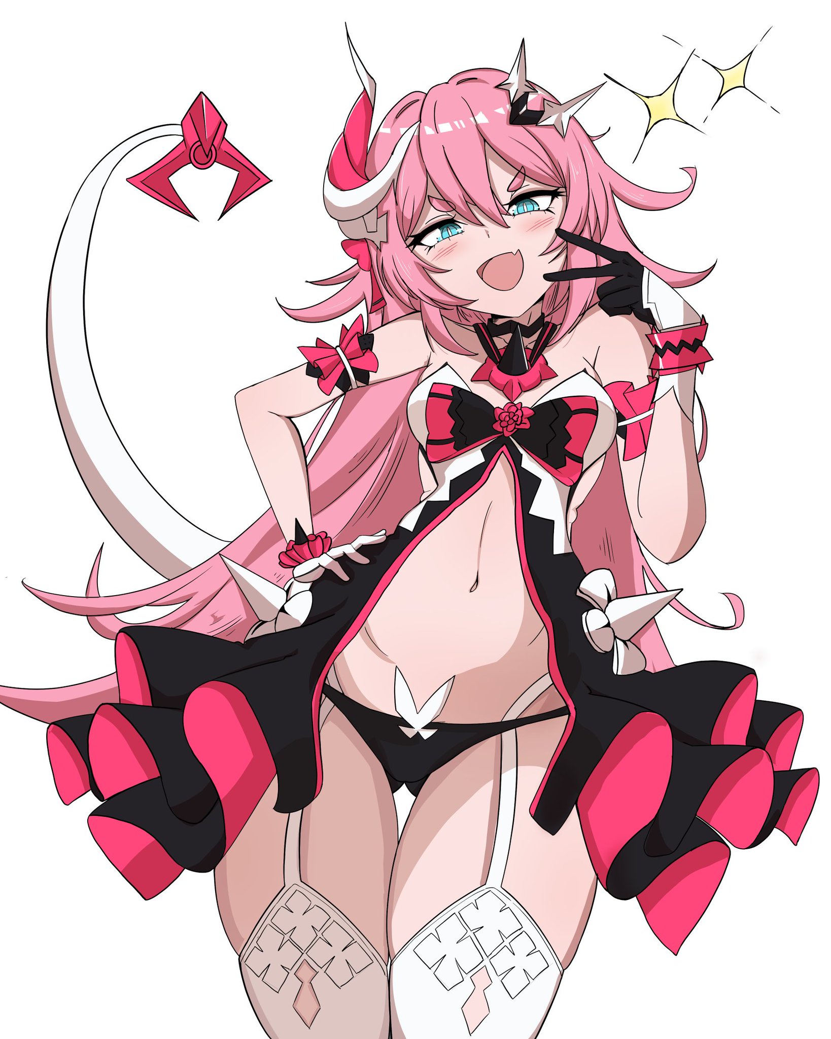qoqo, rozaliya olenyeva, honkai (series), honkai impact 3rd, commentary, english commentary, highres, 1girl, babydoll, black babydoll, black gloves, black panties, blue eyes, breasts, cowboy shot, fang, garter straps, gloves, gluteal fold, horns, lizard tail, long hair, open mouth, panties, pink hair, simple background, single horn, skin fang, small breasts, smug, solo, tail, thighhighs, thighs, underwear, v, v over mouth, very long hair, white background, white garter straps, white thighhighs
