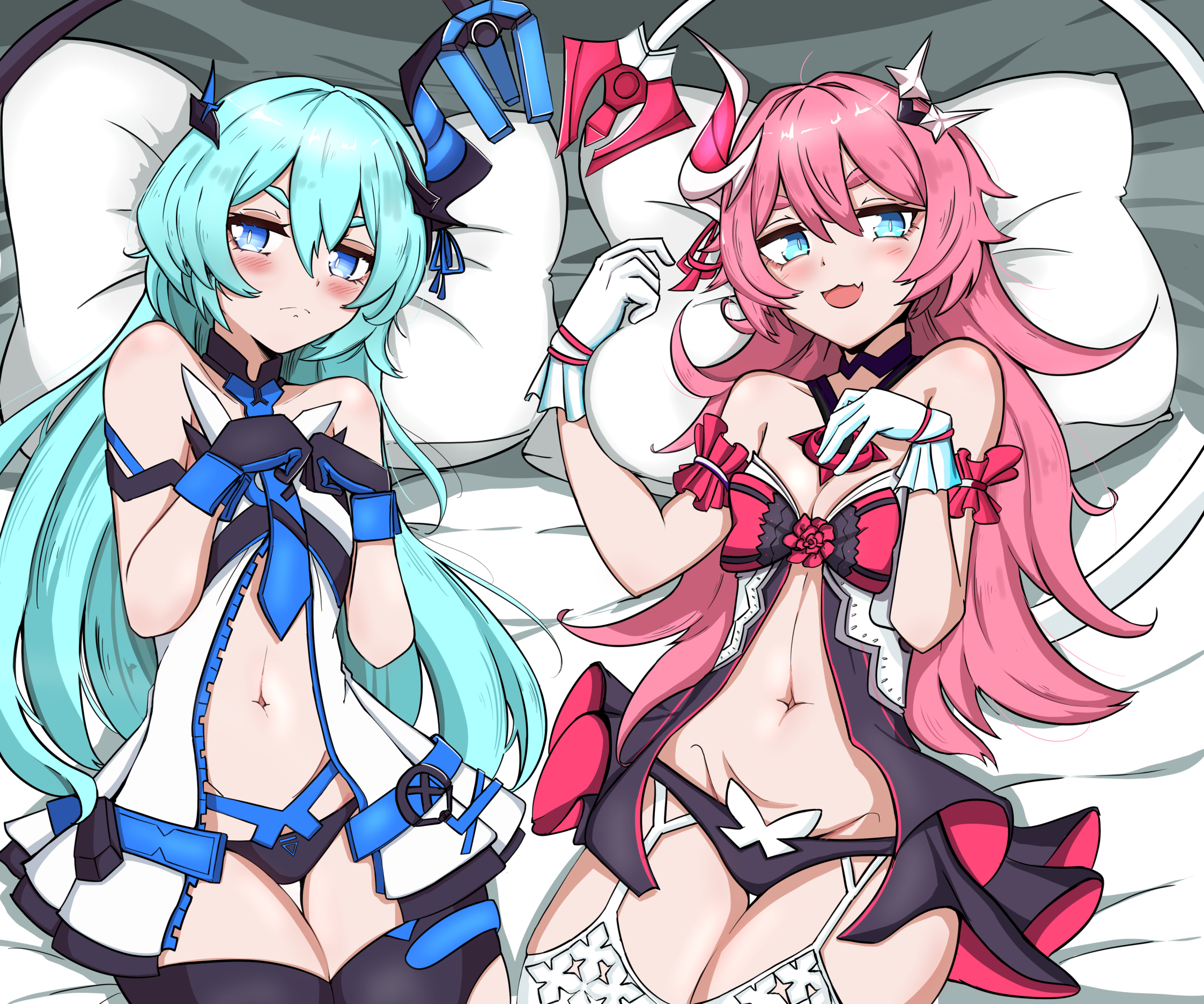 qoqo, liliya olenyeva, rozaliya olenyeva, honkai (series), honkai impact 3rd, highres, 2girls, babydoll, bed, black babydoll, black panties, blue eyes, blue hair, blush, breasts, cleavage, gloves, heart tail duo, horns, long hair, lying, midriff, multiple girls, navel, on back, on bed, panties, pillow, pink hair, siblings, single horn, sisters, small breasts, stomach, twins, underwear, very long hair, white babydoll, white gloves