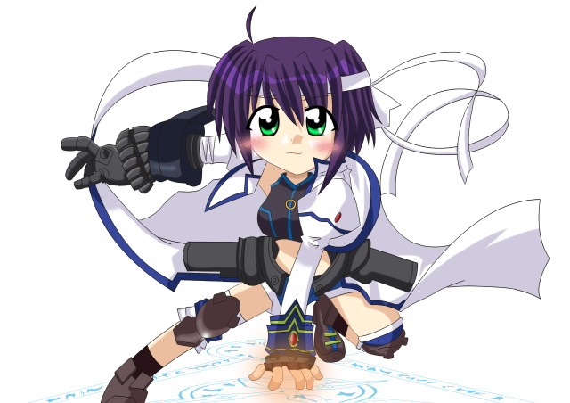 yukihiro (savageland), revolver knuckle, subaru nakajima, lyrical nanoha, mahou shoujo lyrical nanoha, mahou shoujo lyrical nanoha strikers, 00s, 1girl, ahoge, blush, crop top, female focus, fingerless gloves, gloves, green eyes, headband, jacket, knee pads, magic circle, midriff, purple hair, short hair, smile, solo