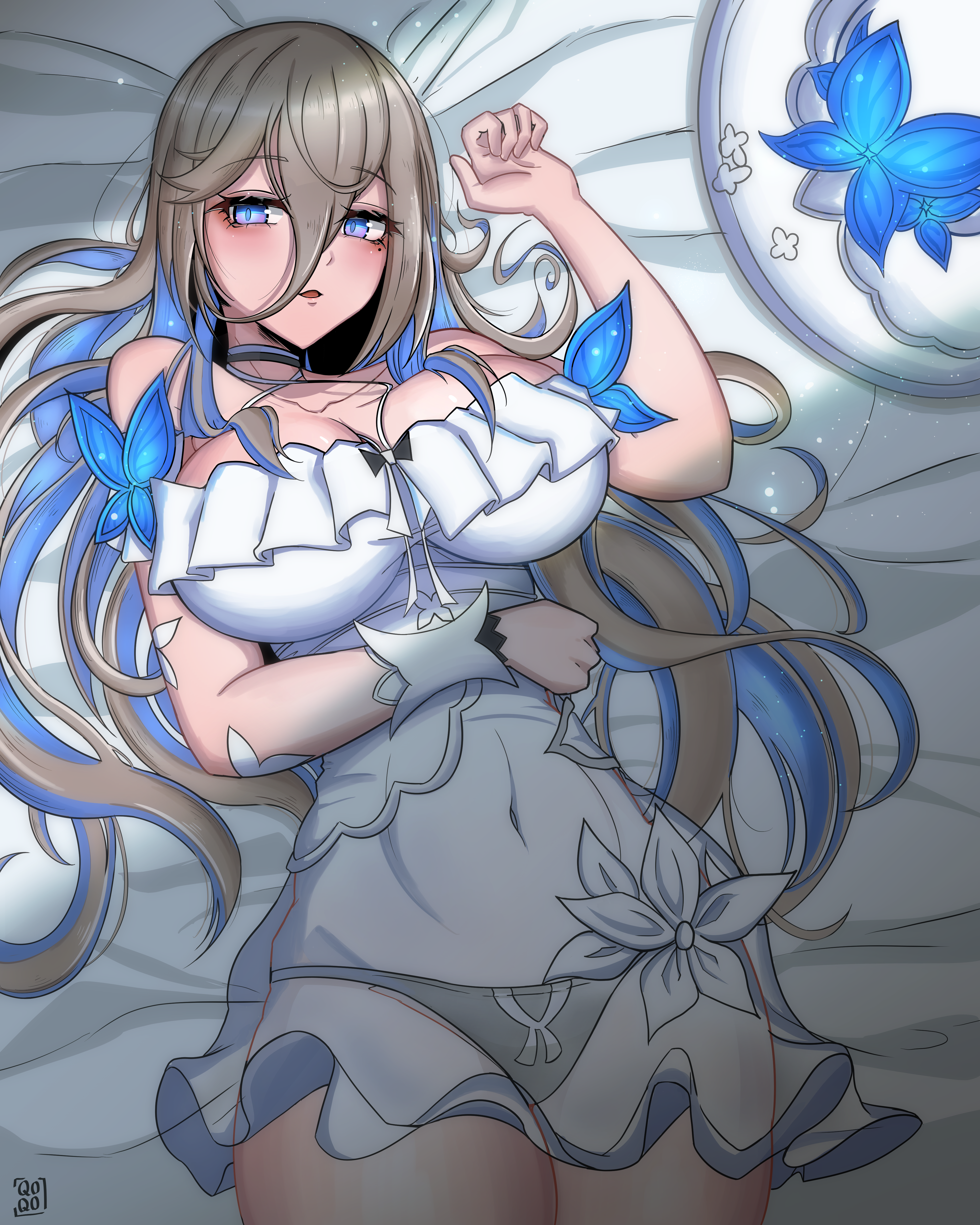 qoqo, aponia, aponia (mesmerizing blue), honkai (series), honkai impact 3rd, absurdres, commentary, english commentary, highres, 1girl, bikini, black bikini, blonde hair, blue eyes, blue hair, breasts, cleavage, colored inner hair, dress, hat, large breasts, long hair, lying, multicolored hair, official alternate costume, on back, on bed, parted lips, see-through clothes, see-through dress, solo, sun hat, swimsuit, thighs, unworn hat, unworn headwear, very long hair, white dress, white hat