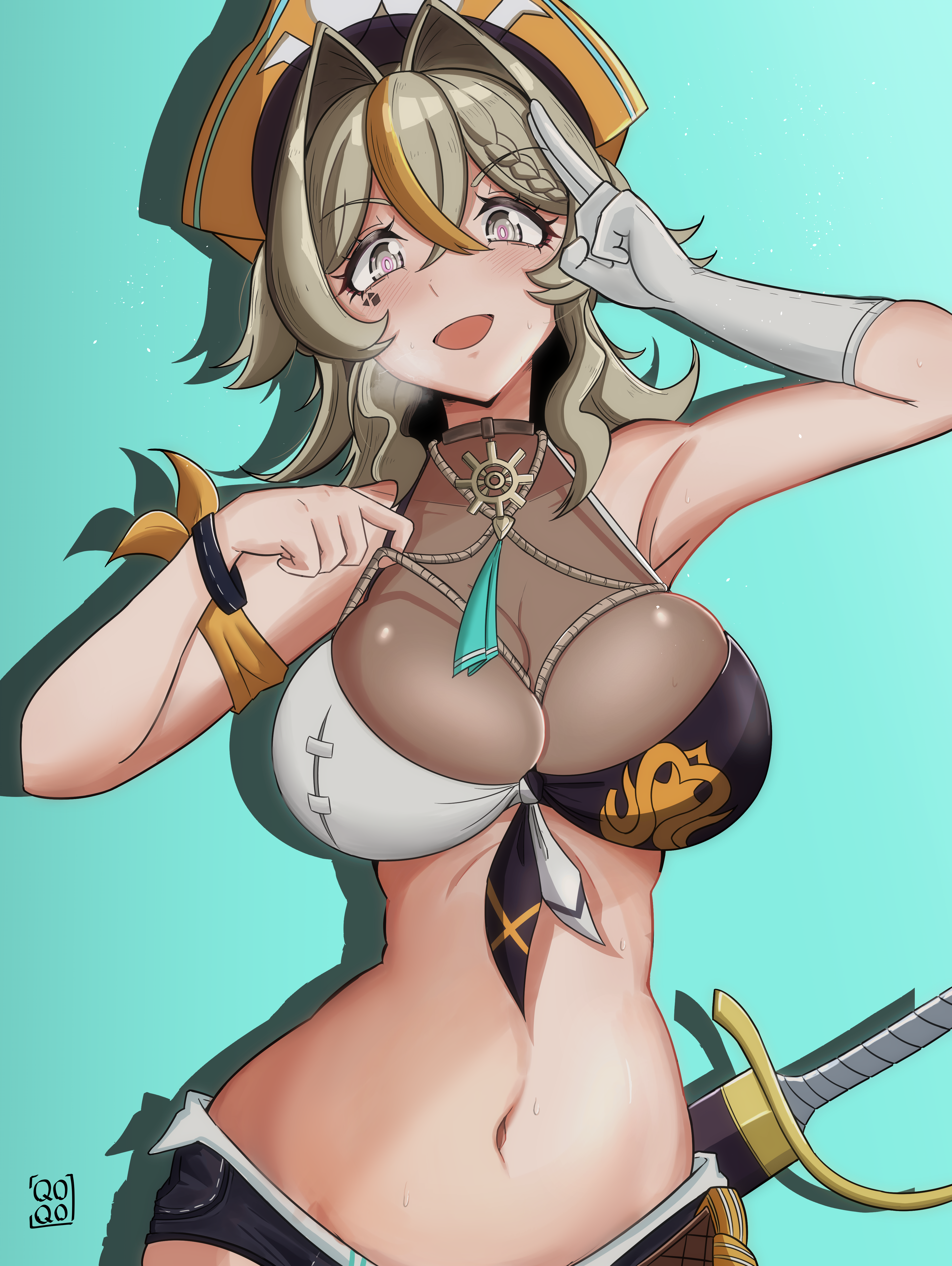qoqo, vill-v, vill-v (i'm the storm), honkai (series), honkai impact 3rd, absurdres, commentary, english commentary, highres, 1girl, armband, armpits, bikini, black shorts, blue background, breasts, brown hair, cleavage, gloves, grey eyes, hat, large breasts, looking at viewer, medium hair, micro shorts, multicolored bikini, multicolored hair, navel, official alternate costume, open mouth, orange armband, orange hair, pirate hat, see-through cleavage, see-through clothes, shorts, simple background, single glove, solo, stomach, swimsuit, two-tone bikini, two-tone hair, white gloves