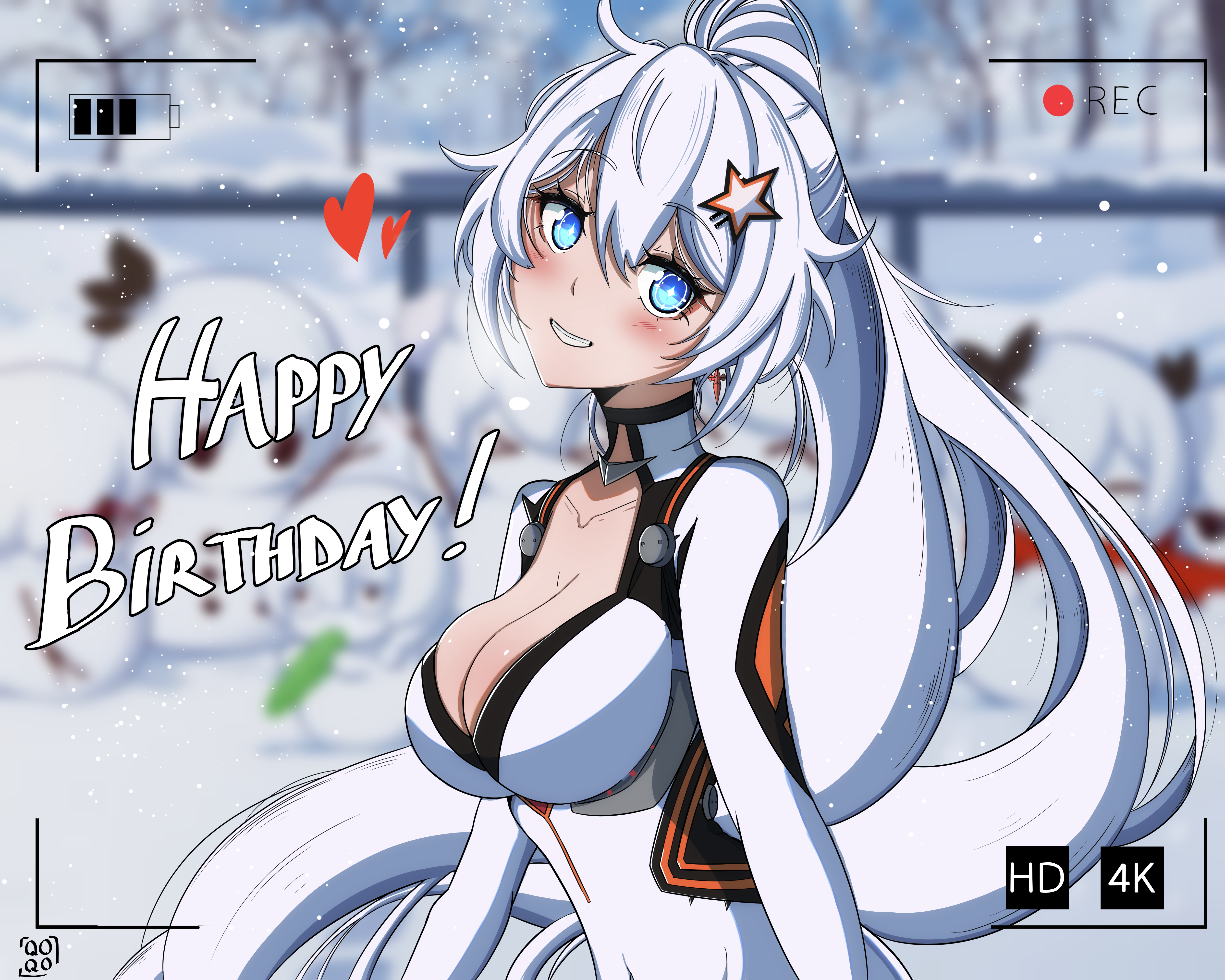 qoqo, kiana kaslana, kiana kaslana (white comet), theresa apocalypse, honkai (series), honkai impact 3rd, character snowman, absurdres, commentary, commission, english commentary, highres, pixiv commission, 1girl, ahoge, blue eyes, blurry, blurry background, bodysuit, breasts, cleavage, happy birthday, large breasts, long hair, meme, ponytail, smile, snow, snowing, solo, teri derp (meme), very long hair, viewfinder, white bodysuit, white hair