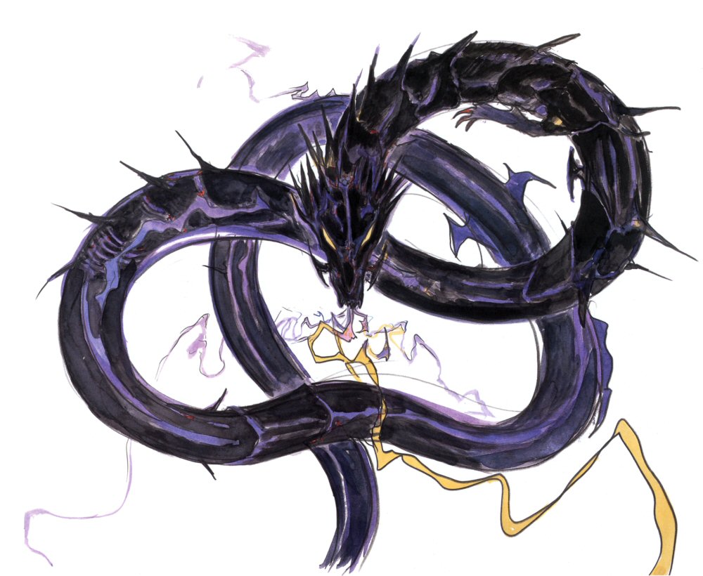 amano yoshitaka, final fantasy, final fantasy iv, concept art, non-web source, official art, black dragon, breath weapon, breathing lightning, dragon, monster