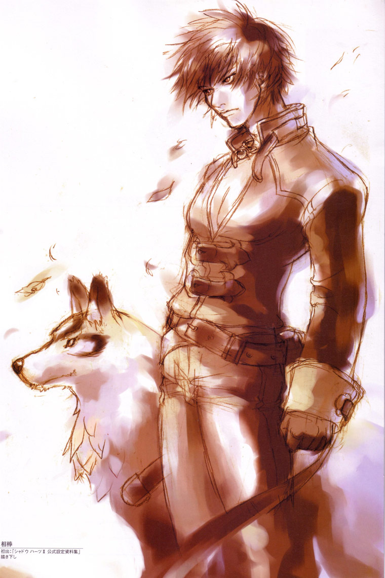 katou miyako, kurando (shadow hearts), yuri hyuga, shadow hearts, shadow hearts ii, official art, scan, 1boy, belt, belt pouch, belt skirt, clenched hand, from side, gloves, jewelry, long sleeves, looking to the side, male focus, manly, monochrome, multiple belts, necklace, pants, pectorals, pendant, pouch, short hair, simple background, sketch, sleeve cuffs, solo, spiked hair, standing, strap, wolf