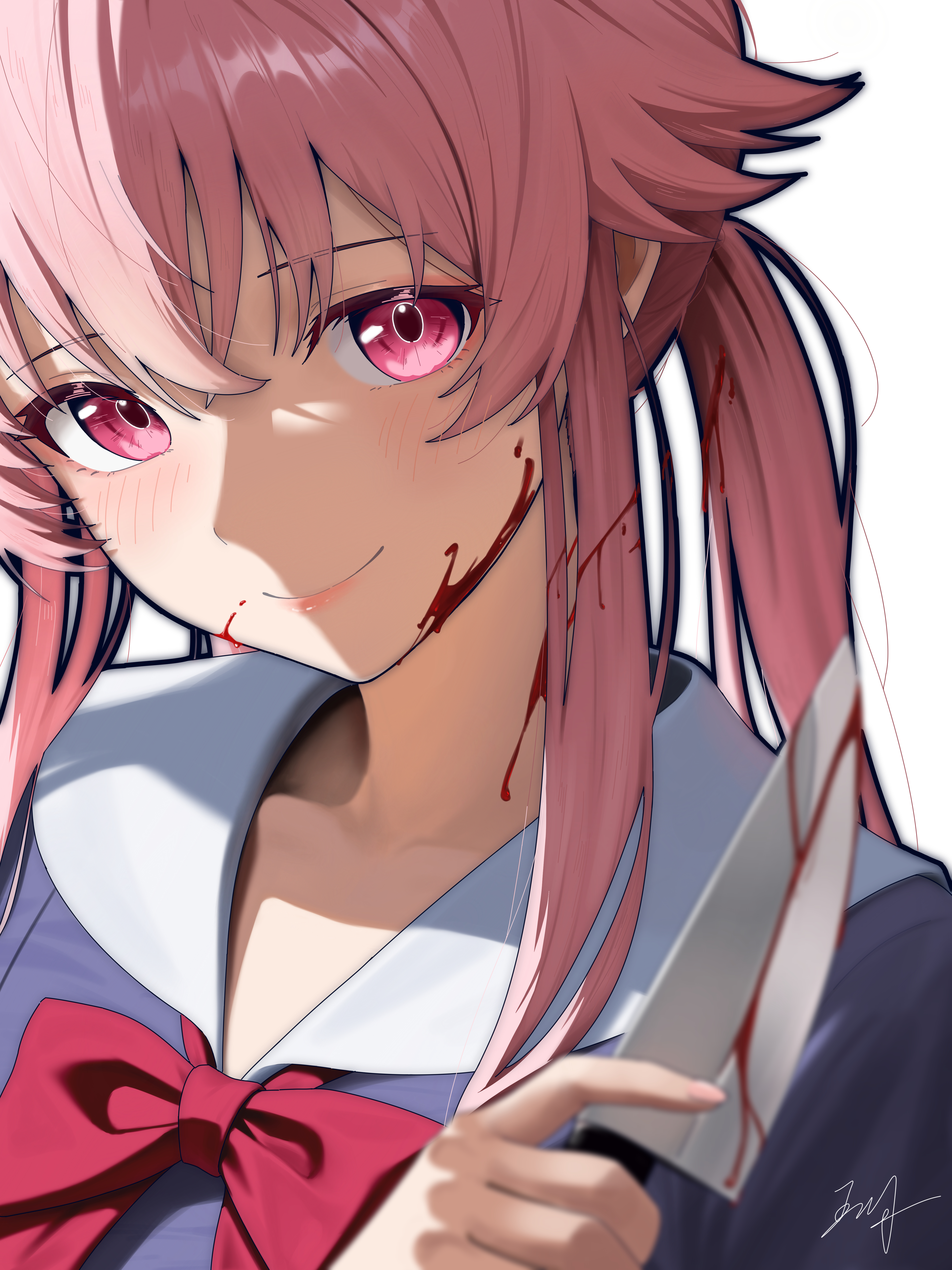 wuhe2233pz, gasai yuno, mirai nikki, absurdres, highres, 1girl, blood, blood on face, blush, bow, bowtie, holding, holding knife, knife, long hair, looking at viewer, pink hair, purple eyes, red bow, red bowtie, sailor collar, school uniform, smile, solo, white background, yandere