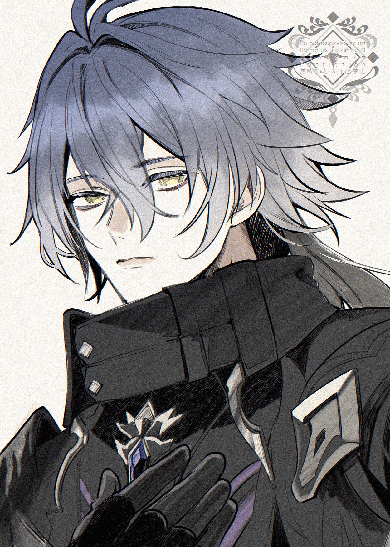hiki yuichi, flins (genshin impact), genshin impact, commentary request, highres, 1boy, ahoge, antenna hair, bags under eyes, black coat, black gloves, coat, collared coat, gloves, gradient hair, grey background, hair between eyes, hair intakes, huge ahoge, long hair, looking at viewer, looking to the side, multicolored hair, no pupils, parted lips, pink lips, shade, simple background, solo, thick lips, upper body, wavy hair, yellow eyes