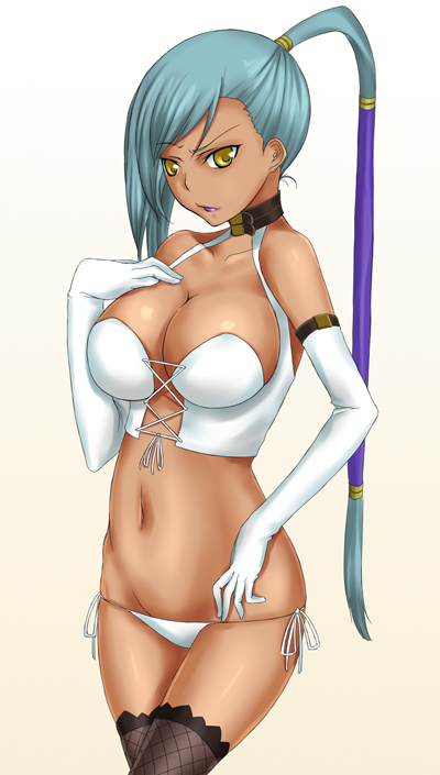 rokuichi, villetta nu, code geass, 00s, 1girl, blue hair, breasts, brown eyes, cleavage, dark-skinned female, dark skin, elbow gloves, female focus, gloves, large breasts, panties, side-tie panties, solo, thighhighs, underwear, yellow eyes