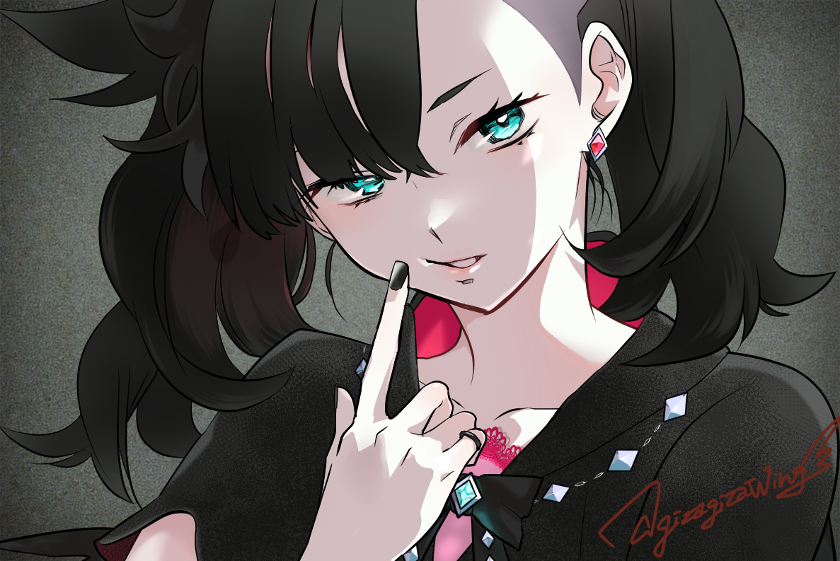 otona kasuke, marnie (champion) (pokemon), marnie (pokemon), nintendo, pokemon, pokemon masters ex, commentary request, 1girl, black dress, black hair, black nails, collarbone, dress, earrings, finger to cheek, fingersmile, green eyes, grey background, hand up, index finger raised, jewelry, looking at viewer, nail polish, official alternate costume, parted lips, portrait, signature, single earring, solo, twintails, upper body
