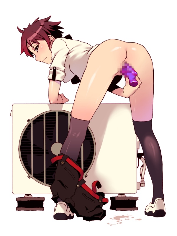 mashimi, shimimaru, 1girl, air conditioner, ass, censored, clothes pull, dildo, female focus, female masturbation, from behind, full body, kneehighs, leaning forward, looking back, masturbation, mosaic censoring, no panties, object insertion, pants, pants around one leg, pants pull, pussy juice, pussy juice puddle, red hair, sex toy, shoes, short hair, simple background, sneakers, socks, solo, thighhighs, vaginal, vaginal object insertion, white background