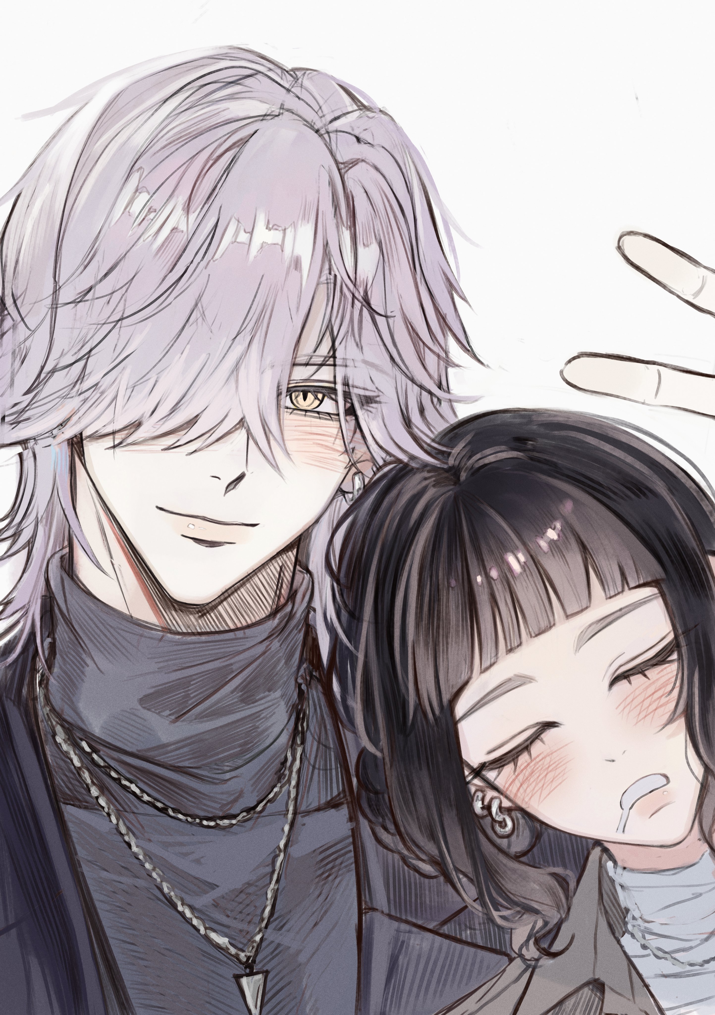 hamu (ishamu), mystery (kpop demon hunter), zoey (kpop demon hunters), kpop demon hunters, absurdres, commentary, hashtag-only commentary, highres, symbol-only commentary, 1boy, 1girl, black hair, blunt bangs, blush, closed eyes, double bun, earrings, hair bun, hair over one eye, jewelry, looking at viewer, necklace, sidelocks, simple background, sleeping, smile, turtleneck, upper body, v, white background, white hair
