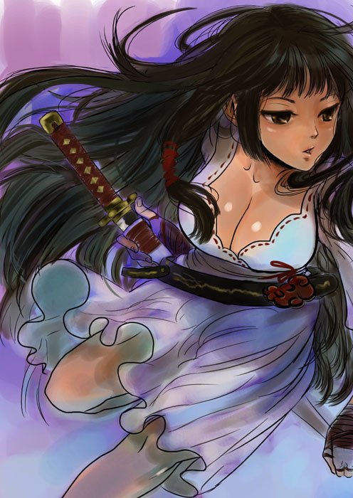 kito (coyo), bad id, bad pixiv id, black eyes, black hair, breasts, cleavage, dress, katana, large breasts, long hair, solo, sword, weapon