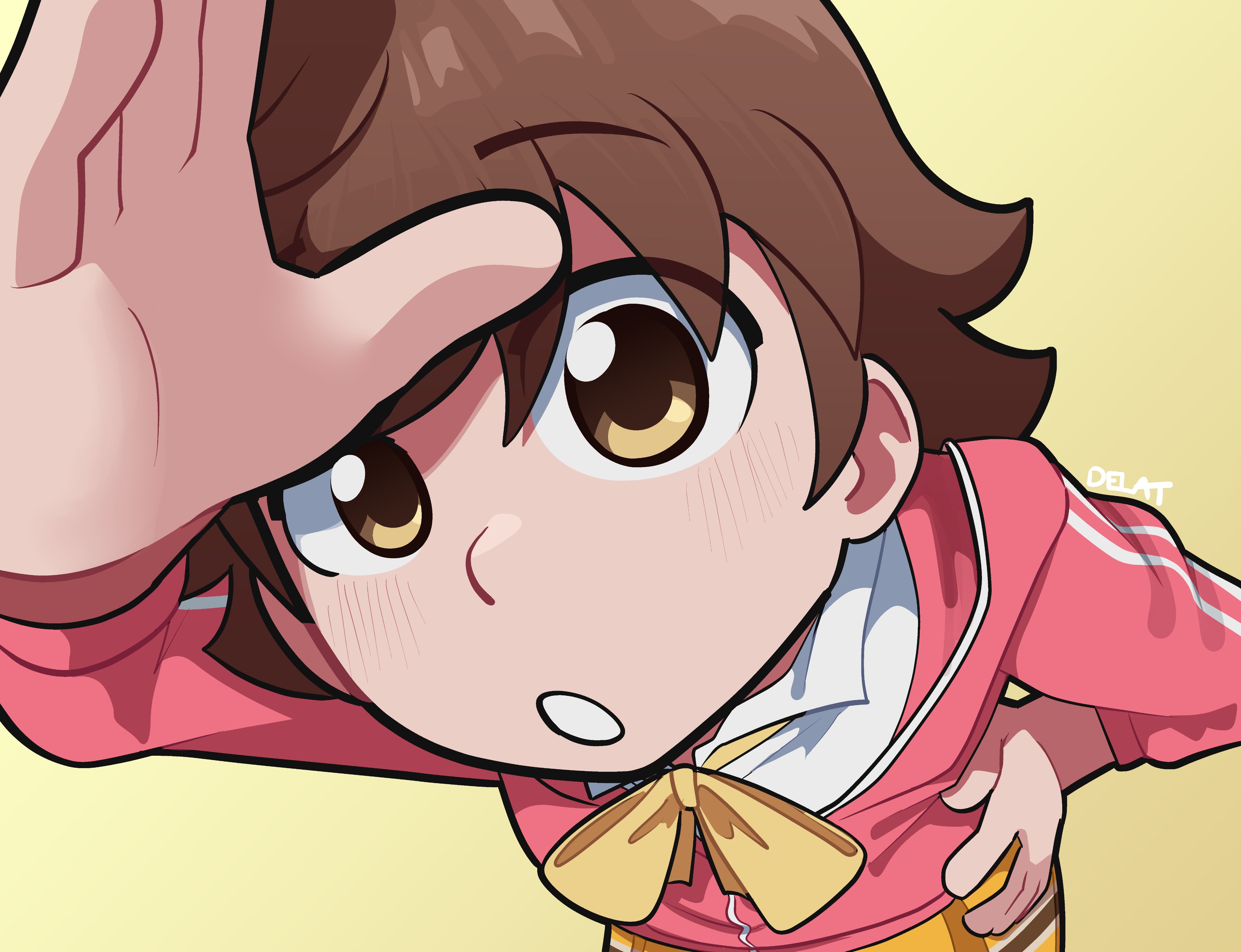 delatoid, honda mio, idolmaster, idolmaster cinderella girls, absurdres, commentary, english commentary, highres, 1girl, brown eyes, brown hair, collared shirt, from above, hand on own hip, hand up, jacket, looking at viewer, open mouth, pink jacket, ribbon, shirt, short hair, signature, simple background, skirt, solo, track jacket, white shirt, yellow background, yellow ribbon, yellow skirt