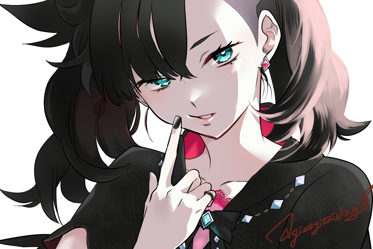 otona kasuke, marnie (champion) (pokemon), marnie (pokemon), nintendo, pokemon, pokemon masters ex, commentary request, 1girl, backlighting, black dress, black hair, black nails, collarbone, dress, earrings, finger to cheek, fingersmile, green eyes, hand up, index finger raised, jewelry, looking at viewer, nail polish, official alternate costume, parted lips, portrait, signature, simple background, single earring, solo, twintails, upper body, white background