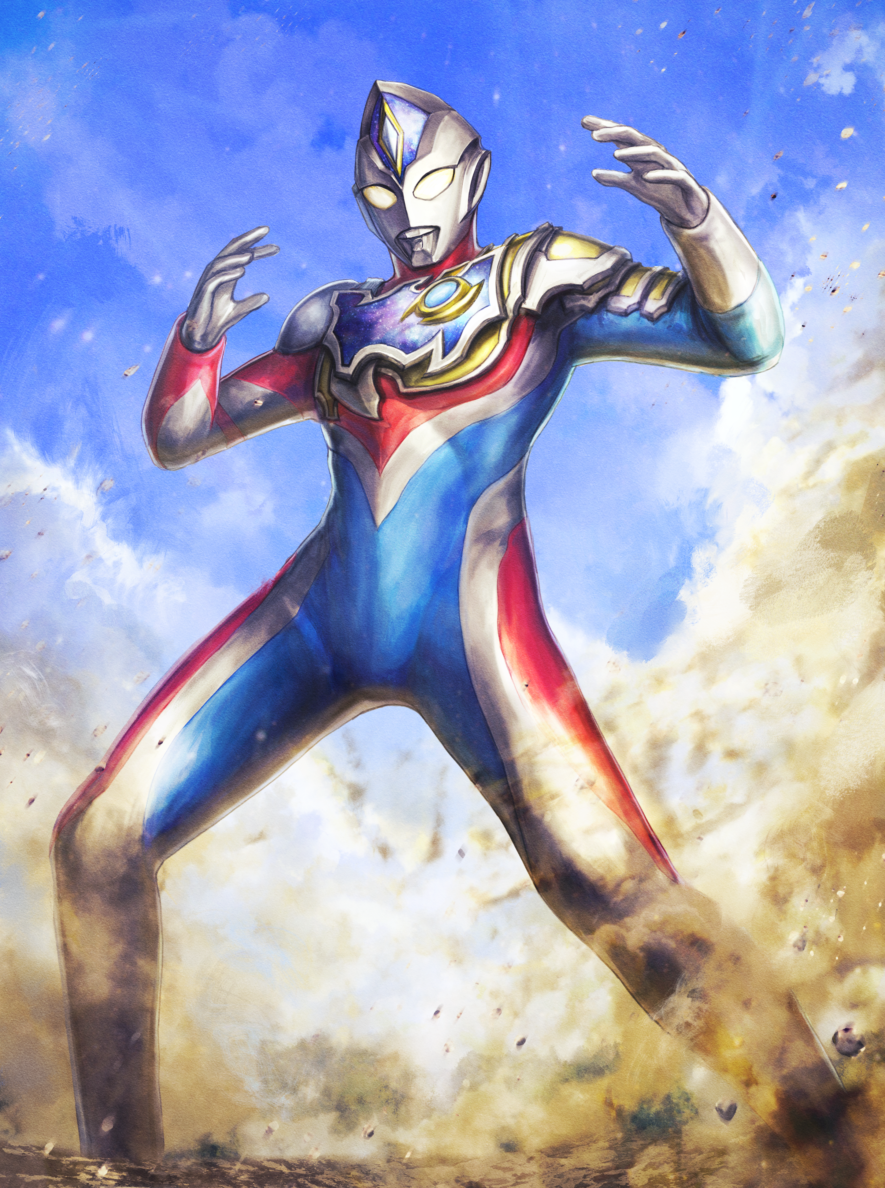 robuja, ultraman decker, ultraman decker (flash type), ultra series, ultraman decker (series), absurdres, commentary, highres, 1boy, alien, armor, asymmetrical armor, blue skin, blue sky, breastplate, clear sky, color timer, colored skin, compound eyes, crystal, day, debris, dorsal fin, dust cloud, feet out of frame, fighting stance, forehead jewel, giant, glowing, glowing eyes, hands up, legs apart, looking down, male focus, multicolored skin, outdoors, pectorals, red skin, silver skin, sky, solo, standing, tokusatsu, toned, toned male, yellow eyes