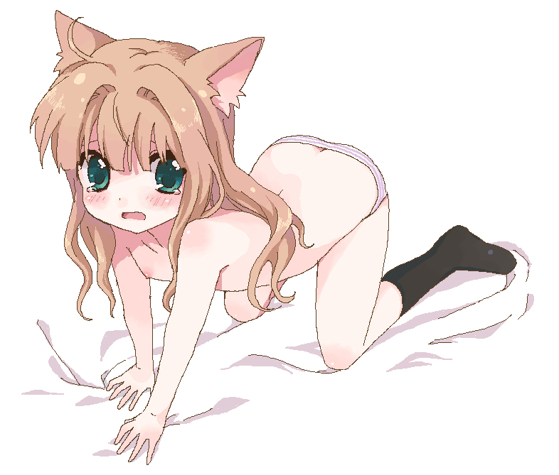 namori, original, bad id, bad pixiv id, 1girl, all fours, animal ears, bed, black socks, blush, brown hair, female focus, flat chest, green eyes, jaggy lines, loli, long hair, nipples, oekaki, panties, socks, solo, striped clothes, striped panties, tears, topless female, underwear, underwear only