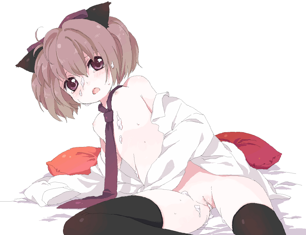 namori, original, bad id, bad pixiv id, 1girl, animal ears, bare shoulders, bed, black thighhighs, breasts, brown hair, cat ears, cum, cum in pussy, cum on body, facial, female focus, loli, necktie, nipples, oekaki, off shoulder, pussy, short hair, small breasts, solo, tears, thighhighs, white background