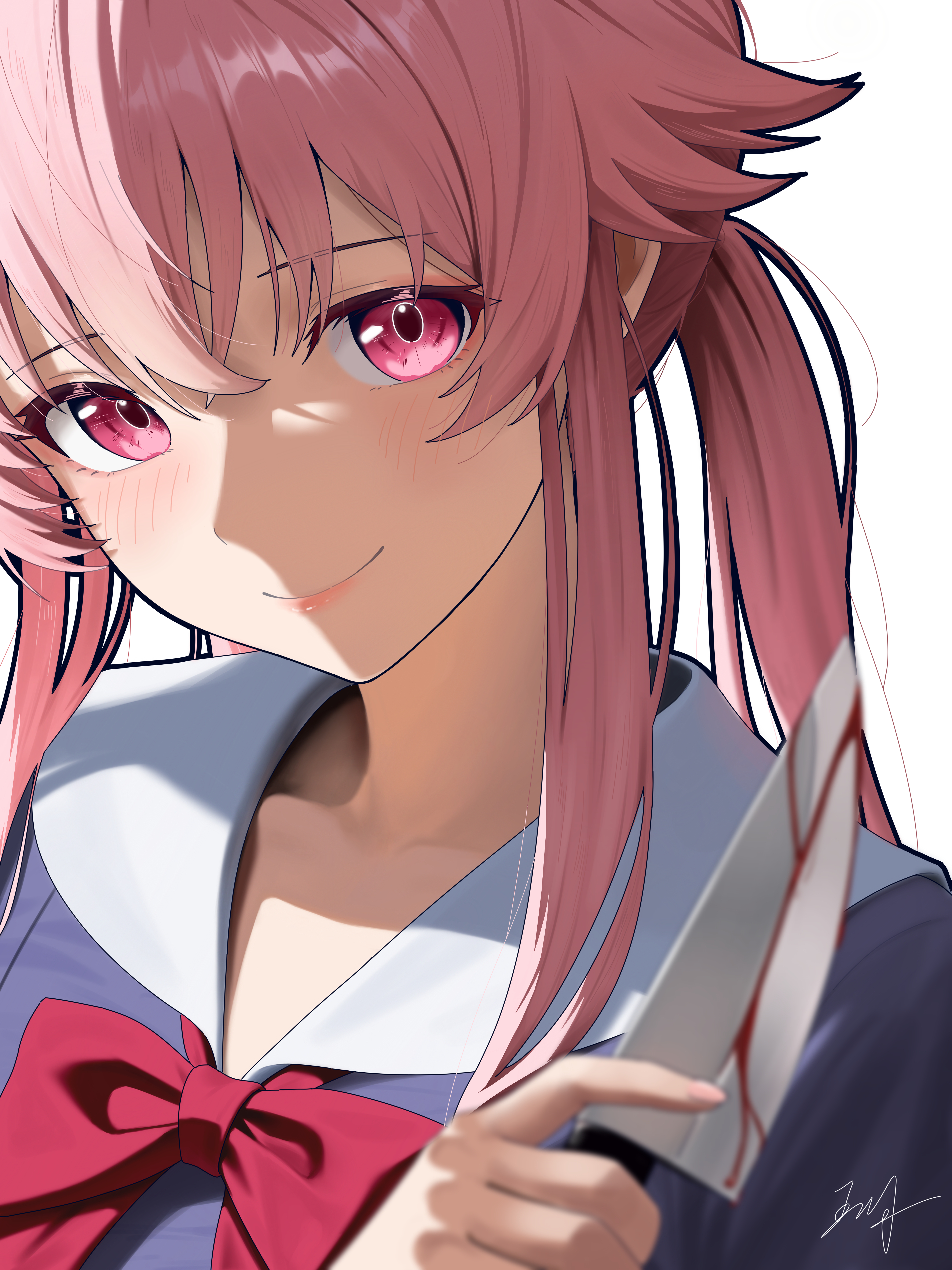 wuhe2233pz, gasai yuno, mirai nikki, absurdres, highres, 1girl, blood, blush, bow, bowtie, holding, holding knife, knife, long hair, looking at viewer, pink hair, purple eyes, red bow, red bowtie, sailor collar, school uniform, smile, solo, white background, yandere