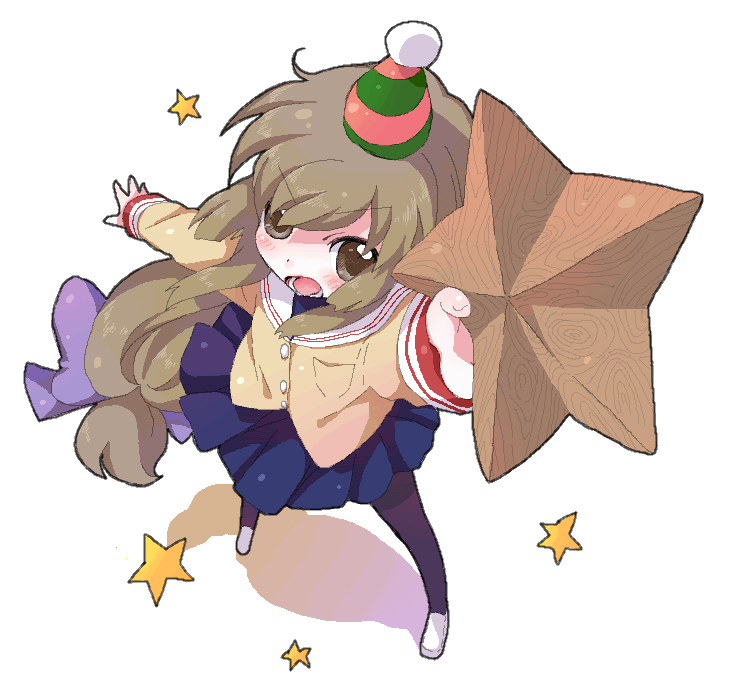 namori, ibuki fuuko, clannad, 00s, 1girl, brown eyes, brown hair, douzo, female focus, foreshortening, hat, long hair, oekaki, pantyhose, party hat, school uniform, serafuku, solo, star (symbol), starfish