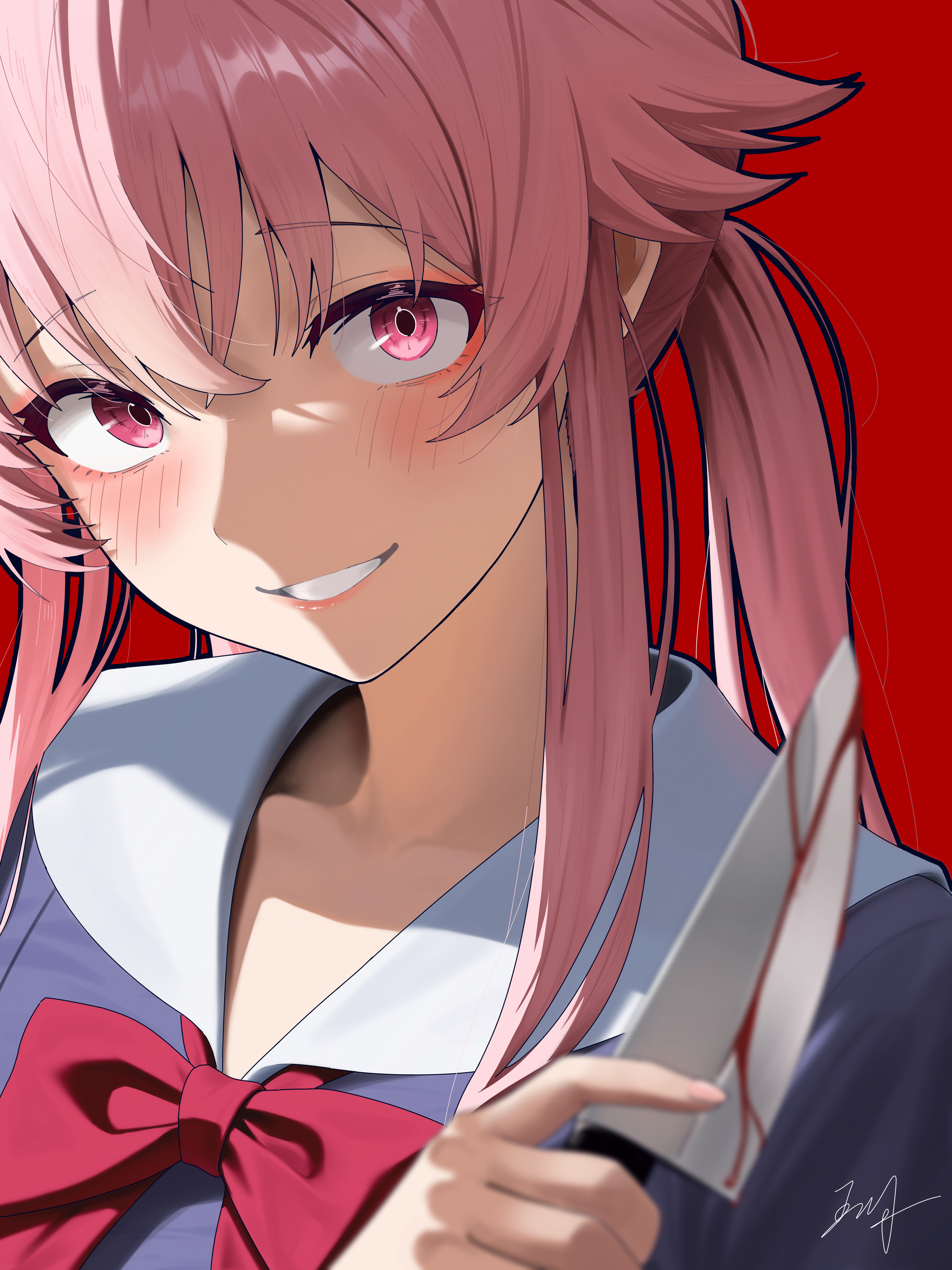 wuhe2233pz, gasai yuno, mirai nikki, absurdres, highres, 1girl, blood, blush, bow, bowtie, clenched teeth, holding, holding knife, knife, long hair, looking at viewer, open mouth, pink hair, purple eyes, red background, red bow, red bowtie, sailor collar, school uniform, smile, solo, teeth, yandere