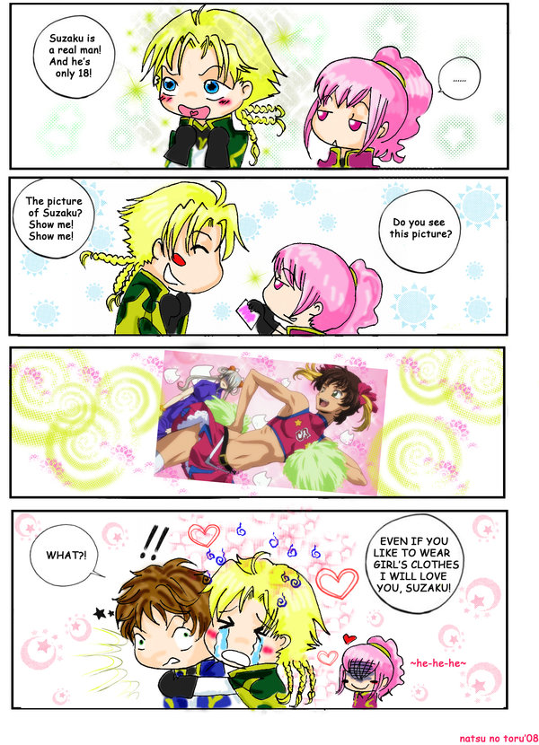 anya alstreim, gino weinberg, kururugi suzaku, code geass, hard-translated, non-web source, third-party edit, 00s, 1girl, 2boys, 4koma, comic, multiple boys, photo (object), yaoi
