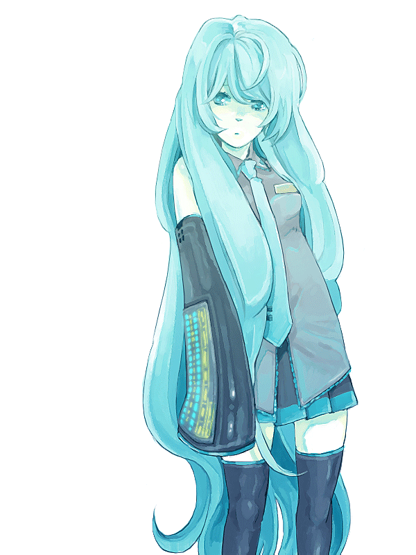mwr, hatsune miku, vocaloid, bad id, bad pixiv id, aqua eyes, aqua hair, detached sleeves, long hair, necktie, solo, thighhighs