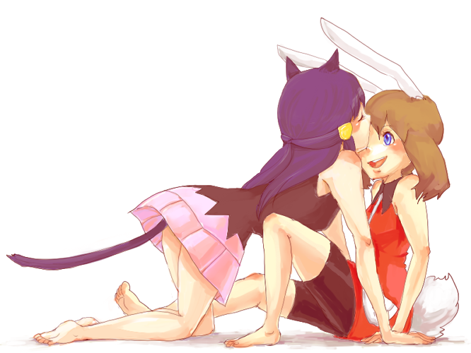 azuma yukihiko, dawn (pokemon), may (pokemon), nintendo, pokemon, pokemon rse, bad id, bad pixiv id, 00s, 2girls, animal ears, bad anatomy, bad feet, barefoot, bike shorts, blue eyes, blue hair, blush, brown hair, cat ears, cat tail, closed eyes, couple, feet, female focus, kemonomimi mode, kiss, kissing forehead, long hair, multiple girls, poorly drawn, rabbit ears, rabbit tail, simple background, smile, tail, white background, yuri