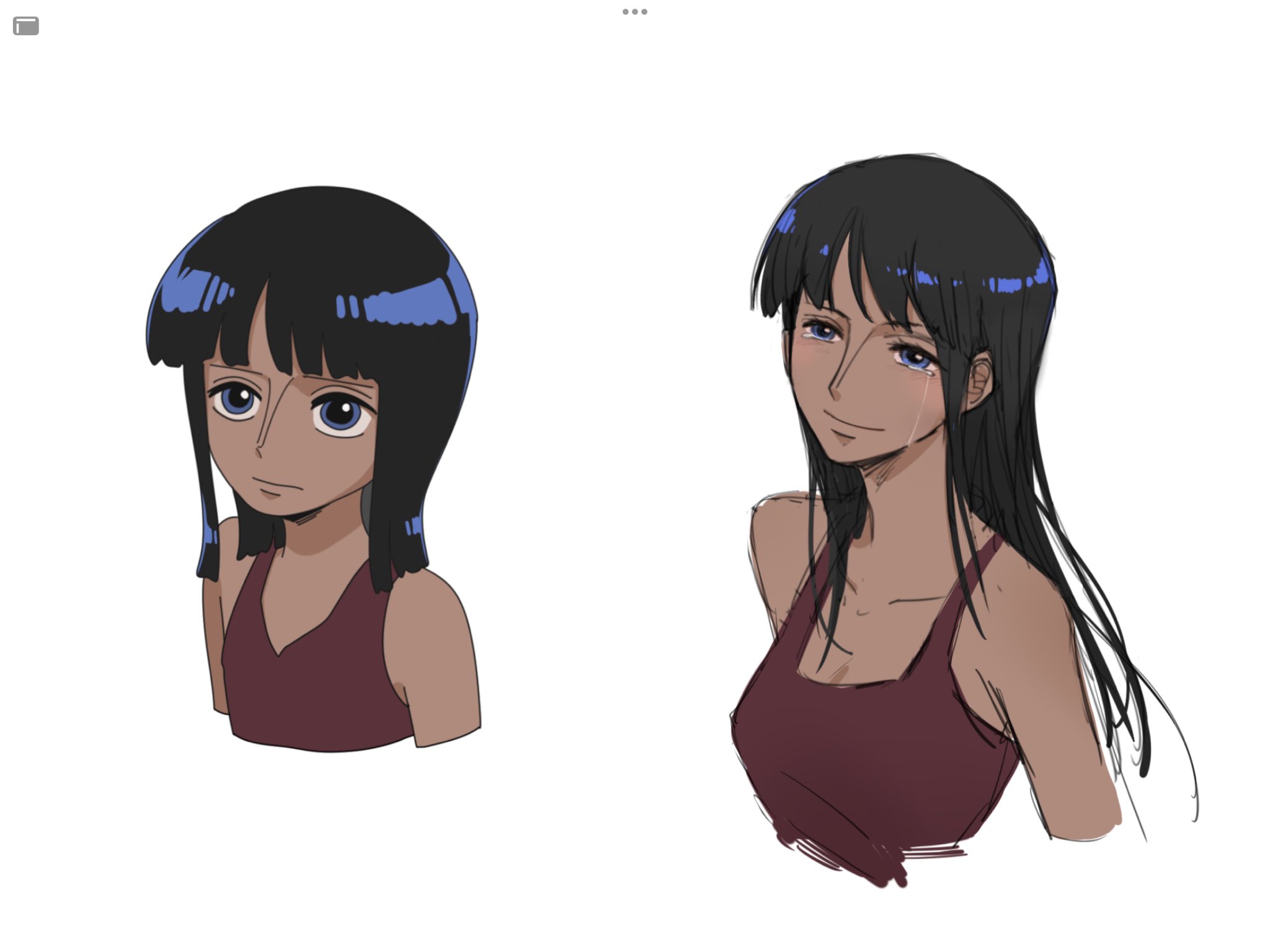 guaguapiu, nico robin, one piece, commentary, highres, 1girl, aged down, black hair, blue eyes, blunt bangs, closed mouth, cropped torso, crying, dress, happy tears, long hair, medium hair, multiple views, purple dress, simple background, smile, tears, upper body, white background