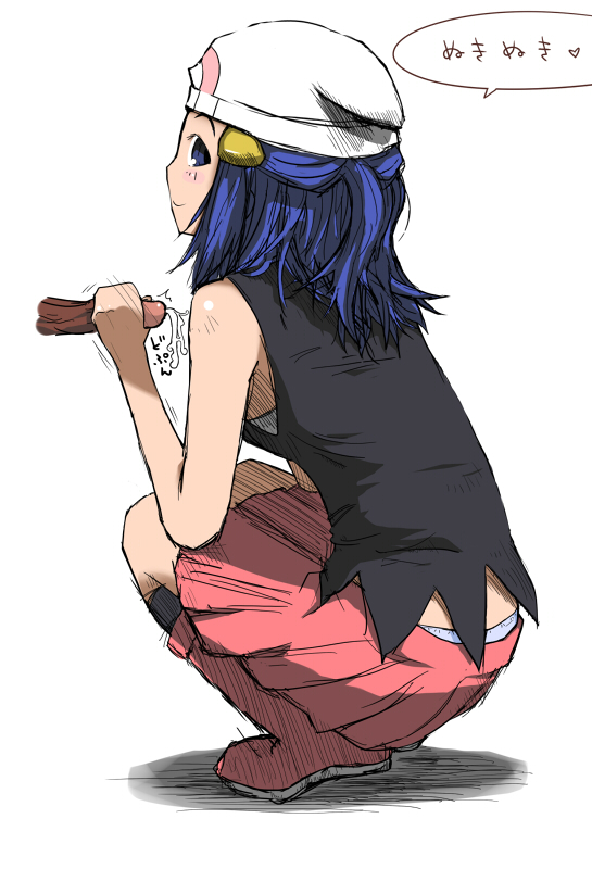 aru (aru ami dabutz), dawn (pokemon), nintendo, pokemon, translation request, 1girl, bare shoulders, beanie, blue eyes, blue hair, boots, cum, disembodied penis, downpants, ejaculation, full body, handjob, hat, looking back, matching hair/eyes, panties, panty slip, penis, pink boots, shadow, simple background, skirt, smile, solo, solo focus, squatting, uncensored, underwear, upskirt, white background