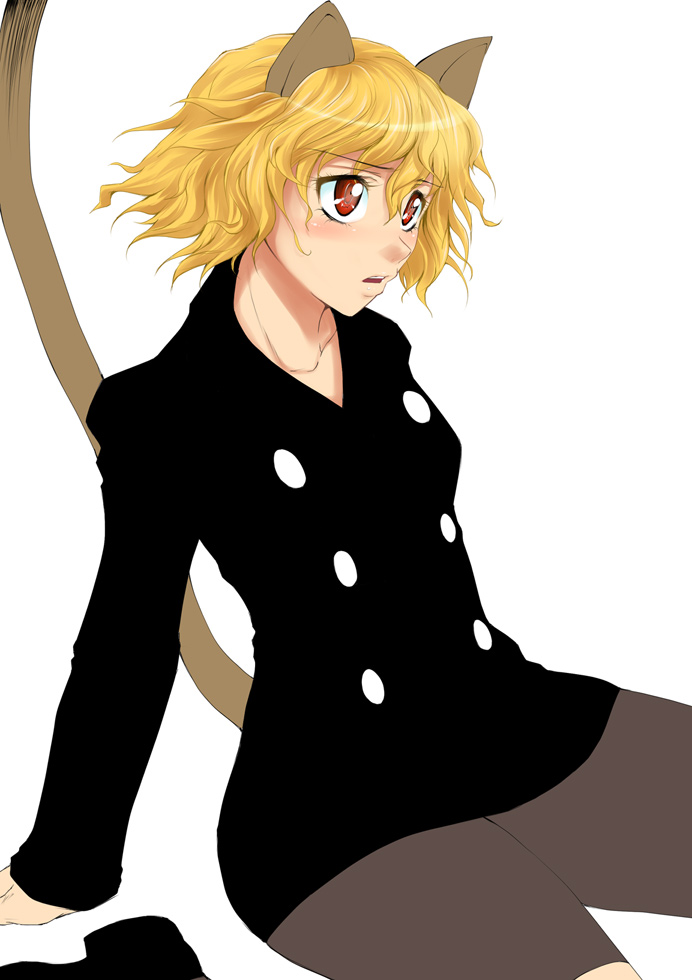 shinozuka jouji, neferpitou, hunter x hunter, 1boy, androgynous, animal ears, blonde hair, blush, cat boy, cat ears, cat tail, male focus, red eyes, solo, tail
