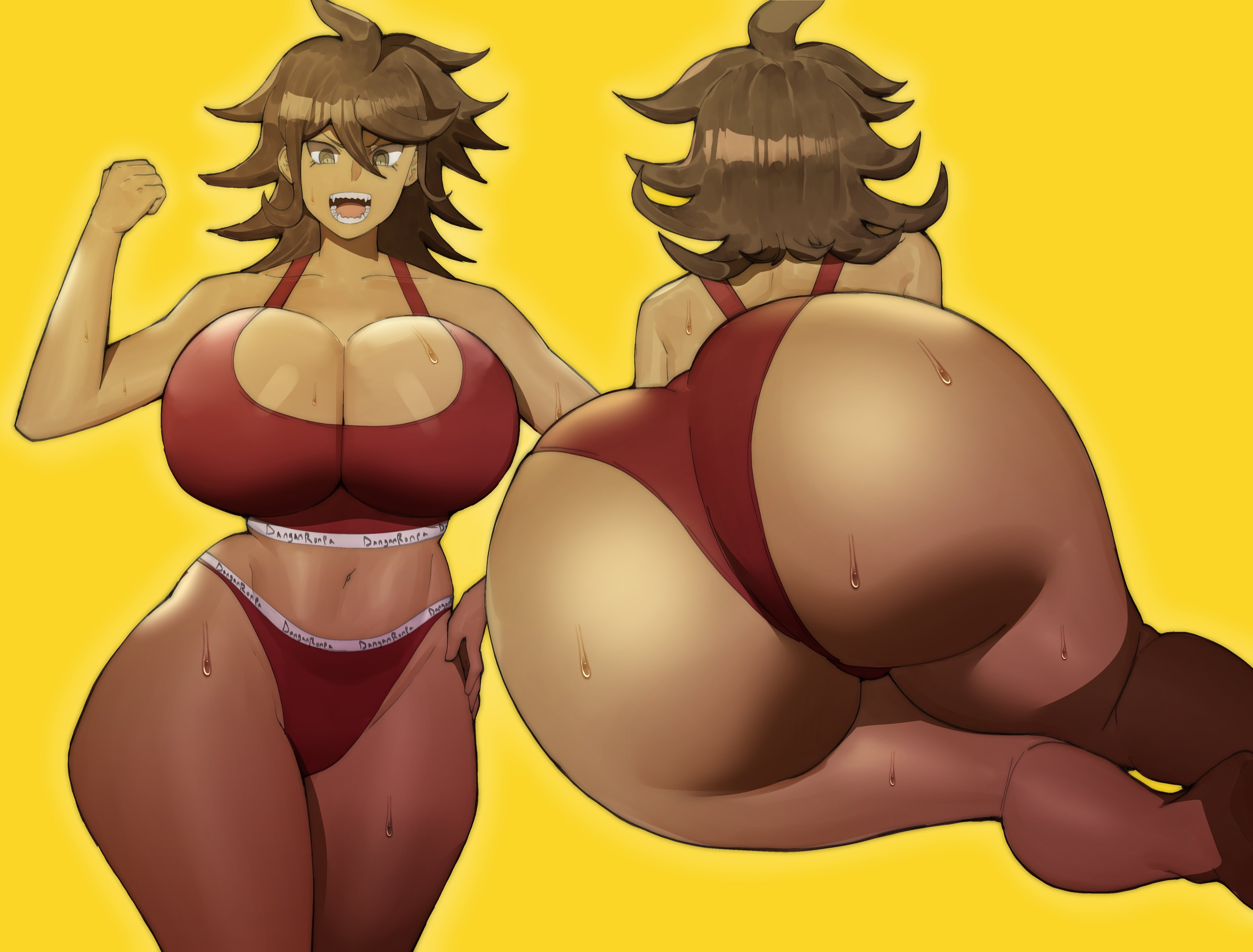 doublehero, owari akane, danganronpa (series), danganronpa 2: goodbye despair, absurdres, highres, 1girl, ass, breasts, cleavage, curvy, dark-skinned female, dark skin, fangs, female focus, hand on own hip, huge ass, huge breasts, looking at viewer, matching hair/eyes, medium hair, midriff, navel, solo, sweat, thick thighs, thighs, wide hips