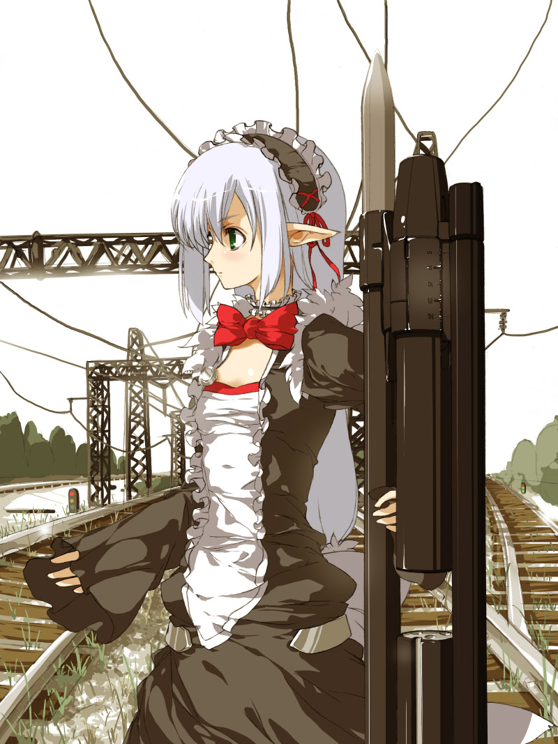 sakura sora, original, silver hair, bad id, bad pixiv id, bow, bowtie, green eyes, gun, pointy ears, solo, weapon
