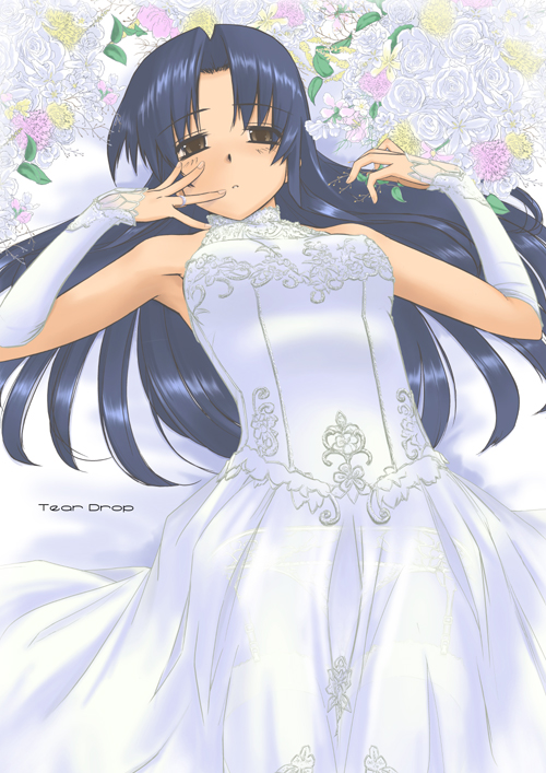 tsuina, kashiwagi chizuru, kisaragi chihaya, idolmaster, idolmaster (classic), kizuato, 00s, 1girl, armpits, bare shoulders, blue hair, bridal gauntlets, bride, brown eyes, cowboy shot, dress, female focus, flower, hand on own cheek, hand on own face, long hair, looking at viewer, lying, on back, parted bangs, rose, sleeveless, sleeveless dress, solo, wedding dress, white dress, white flower, white rose