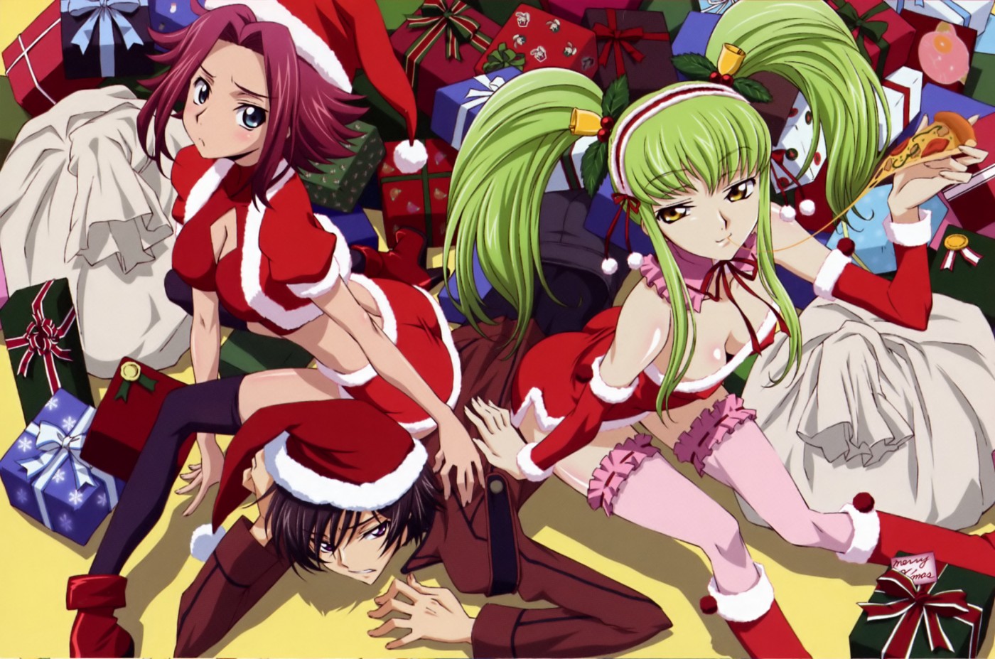 kadekaru chikashi, c.c., kouzuki kallen, lelouch vi britannia, code geass, 00s, 1boy, 2girls, capelet, christmas, multiple girls, santa costume, thighhighs, twintails